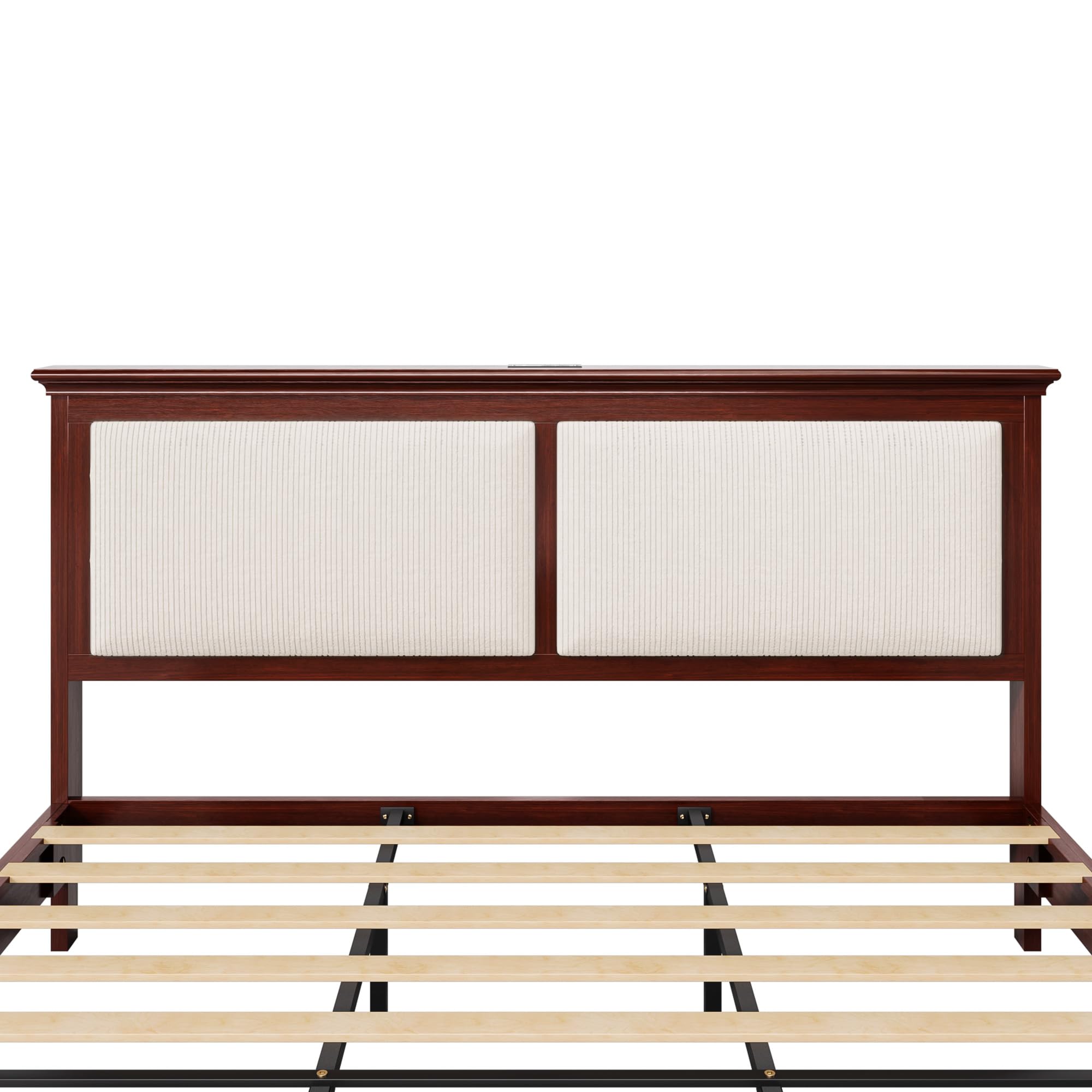 Lifezone Queen Bed Frame with Headboard, Solid Wood Bed Frame Queen Size with Charging Station & RGB LED, Wood Slats Support, Noise-Free, Sturdy Structure, Easy Assembly, Mahogany