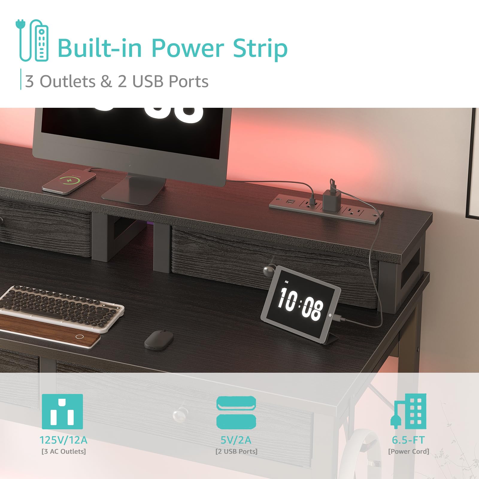 Small Desk with Drawers, Power Outlet & Monitor Stand, 31 Inch