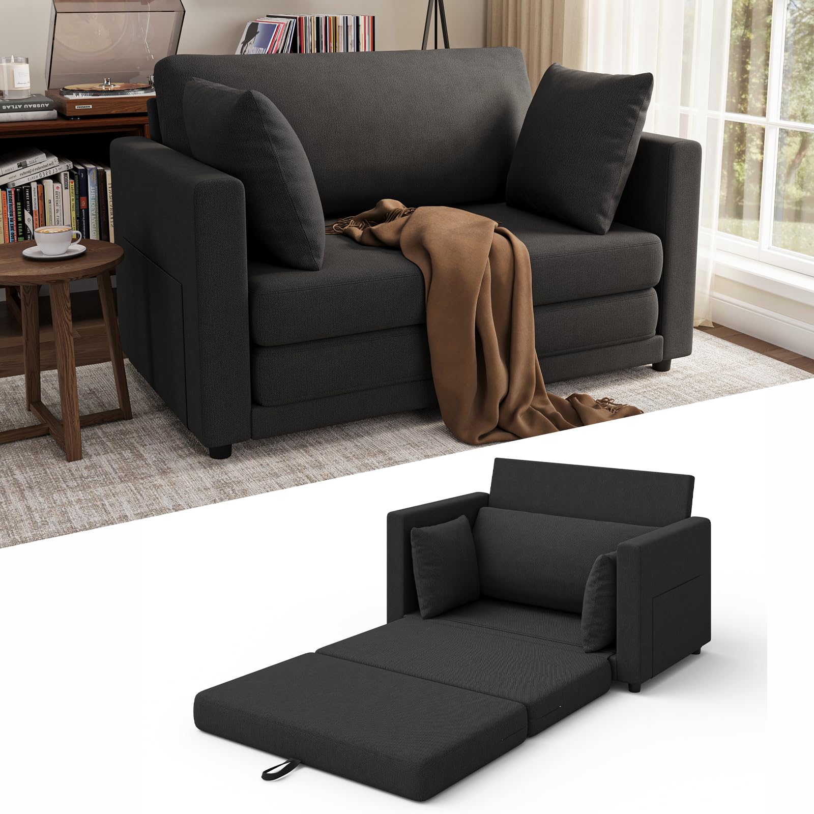 TROMIRY Convertible Sofa Bed, 2 in 1 Pull Out Loveseat Sleeper Sofa | 78.7” Folding Floor Sofa Bed for Guest Room, Bedroom | Black