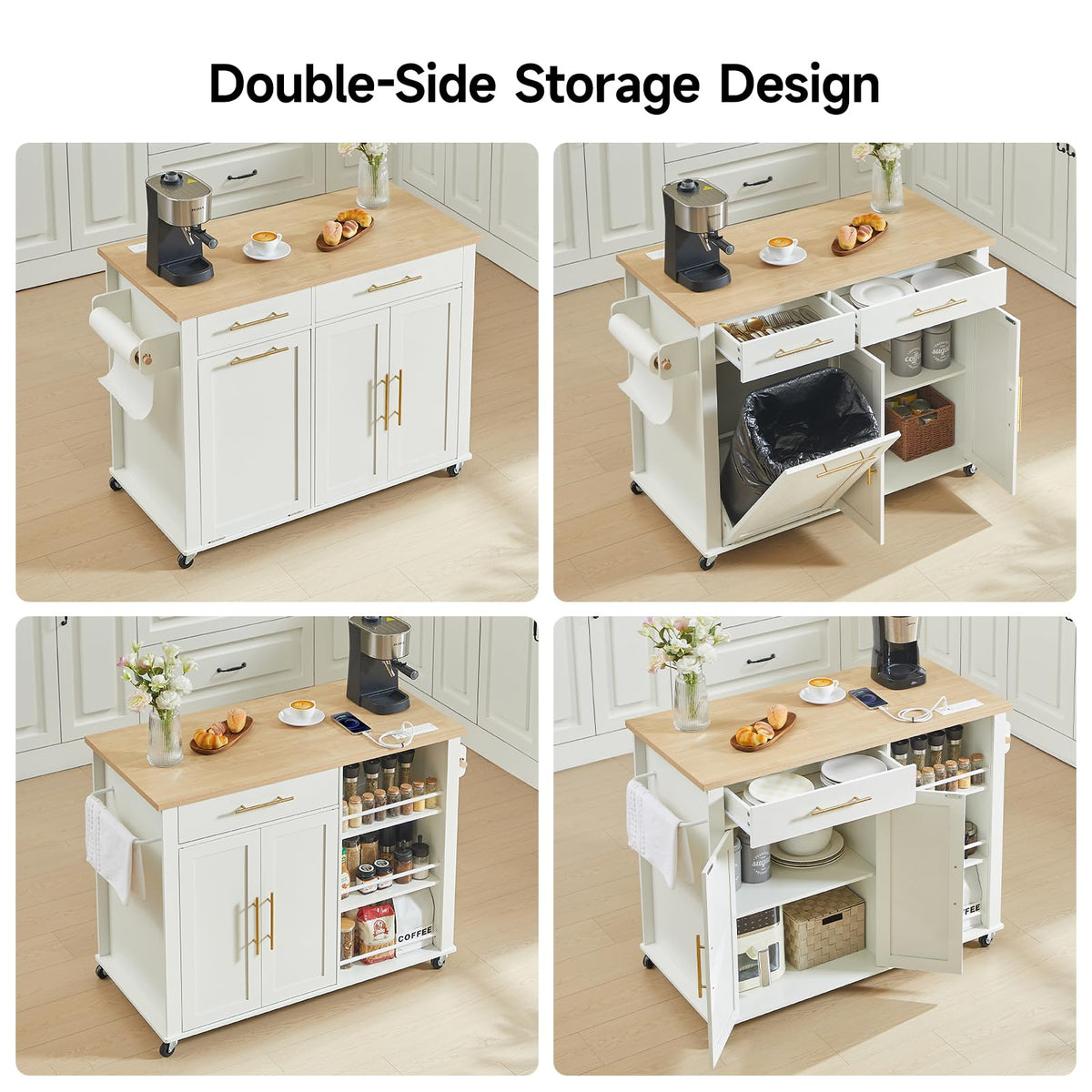 White Kitchen Island Cart with Power Outlet