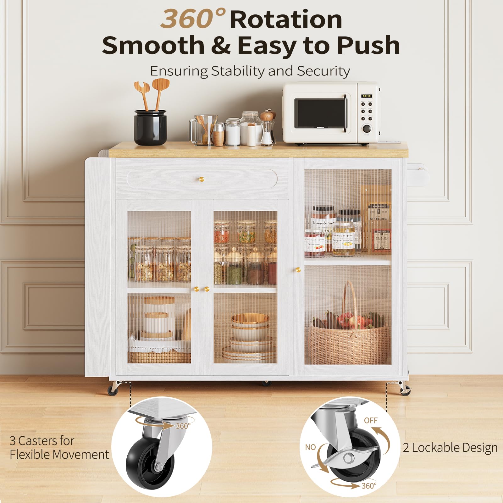 Curlaky Kitchen Island with Power Outlet - Kitchen Cart on Wheels with Storage Cabinets & Drawers, Rolling Island Table with Spice & Towel Rack, Portable Islands with Large Wood Counter, Dinning Room