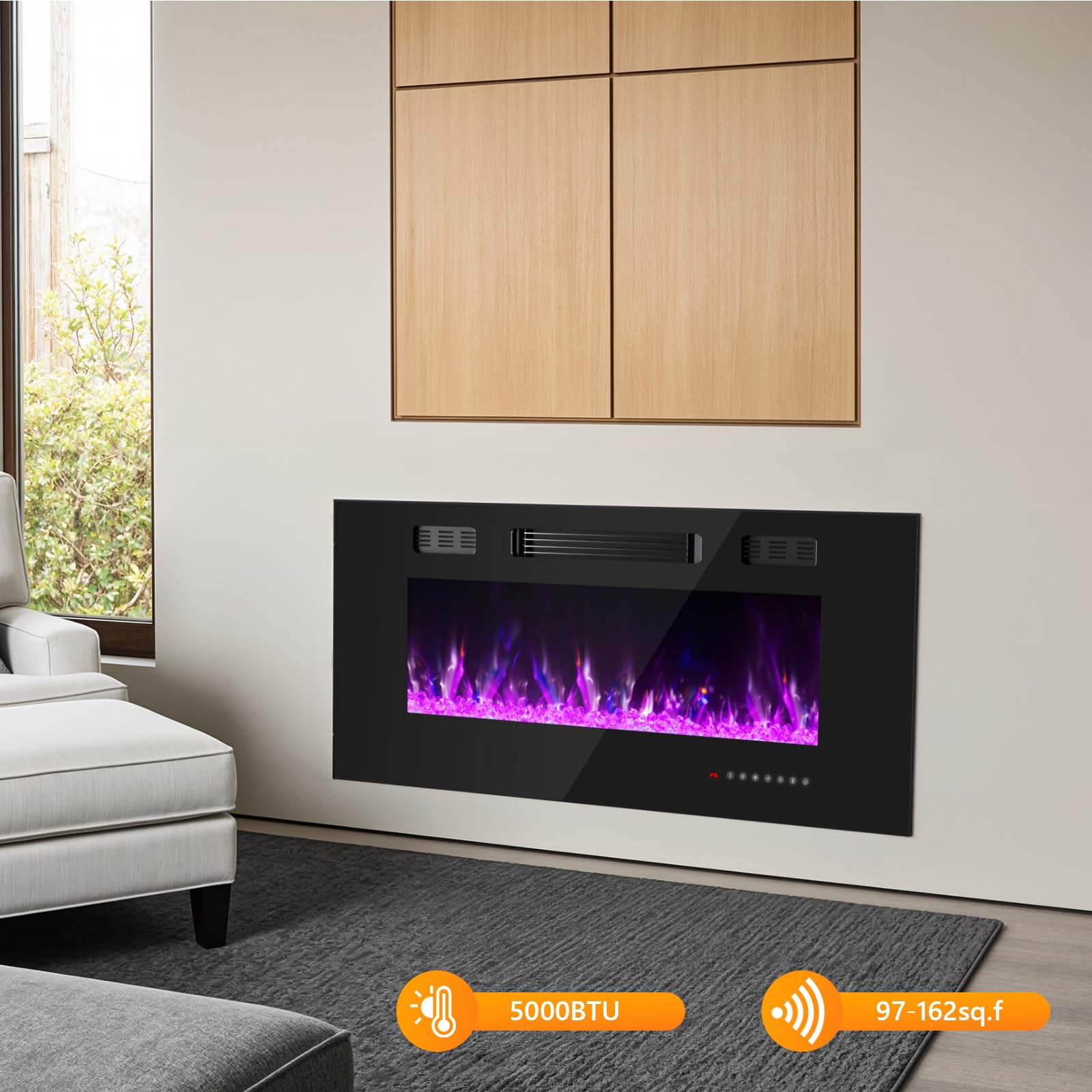 Ariiles 36 Inch Electric Fireplace Insert, Electric Fireplace Wall Mounted with Remote & Timer, Low Noise Heater Fireplaces for Living Room, Modern Recessed Fireplaces Decor