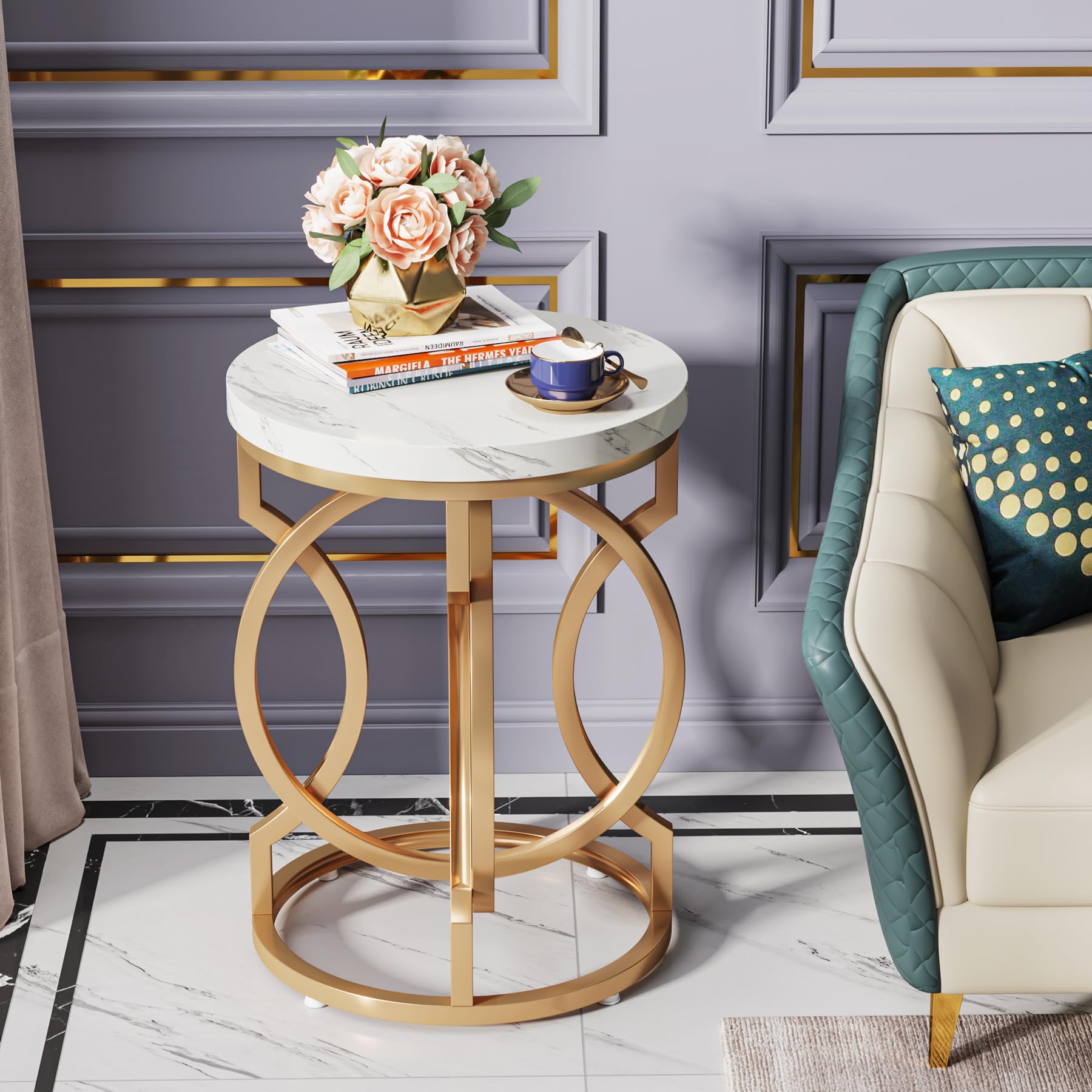 Tribesigns Modern Round End Table Set of 2 with Thickened Tabletop, 20" Gold Side Table with Unique O-Shaped Metal Base, Midcentury Nightstand for Living Room Bedroom, White + Gold