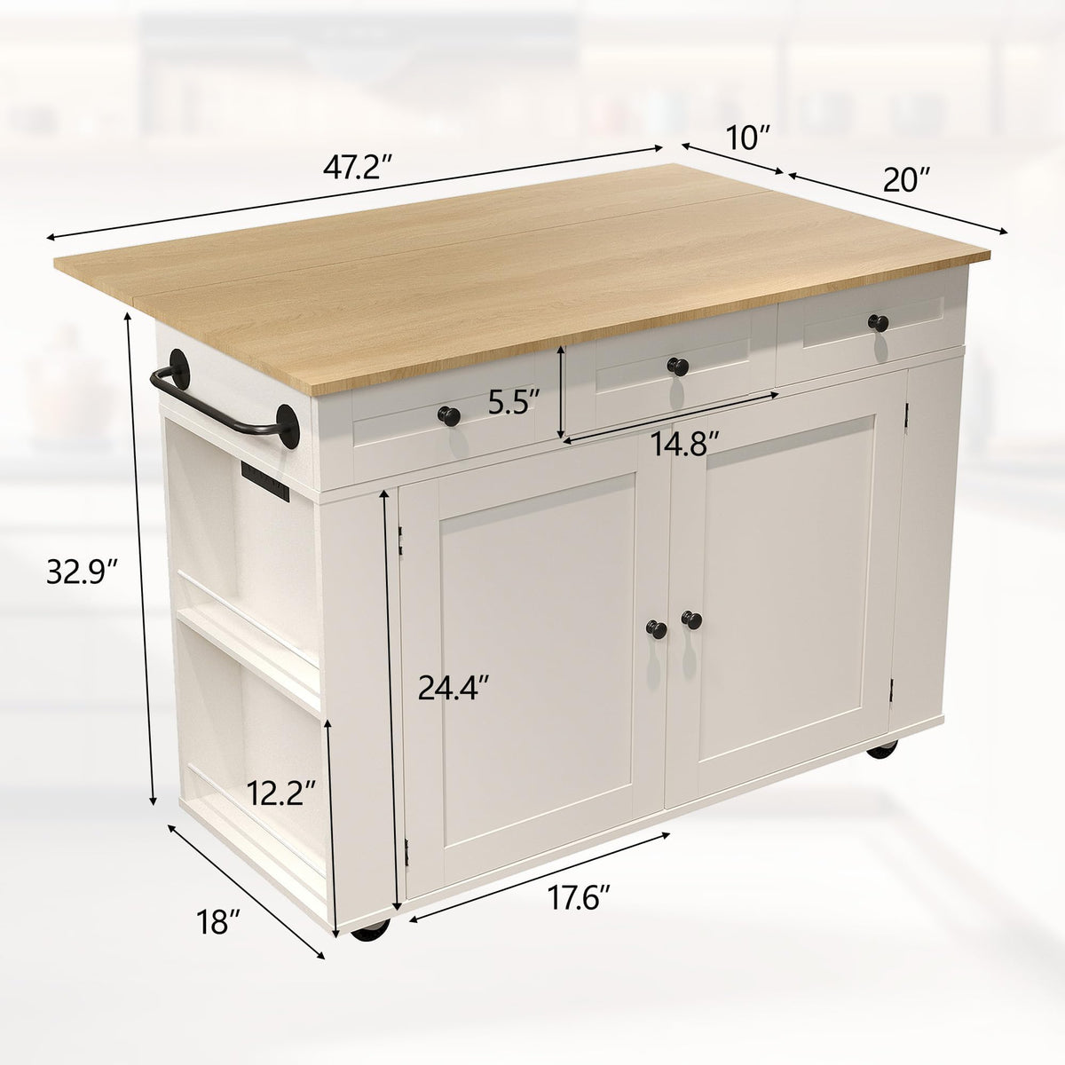 GarveeHome Rolling Kitchen Island with Drop Leaf Countertop, Charging Station & Ample Storage - 47.2 in Mobile Kitchen Cart On Wheels with Pull-Out Shelves, Drawers, Spice Rack & Organizer Divider