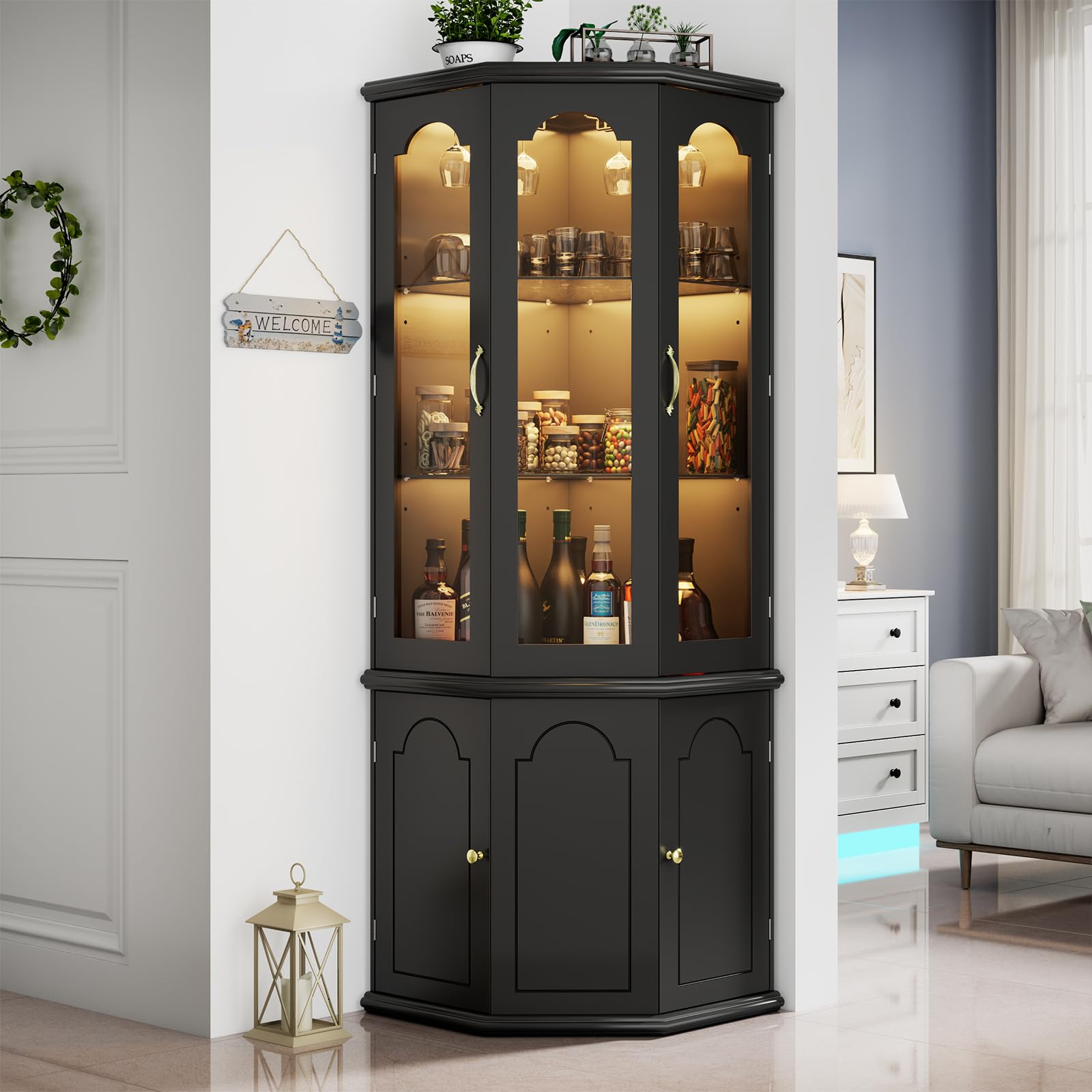 Corner Bar Cabinet with LED Lights & Tempered Glass Door