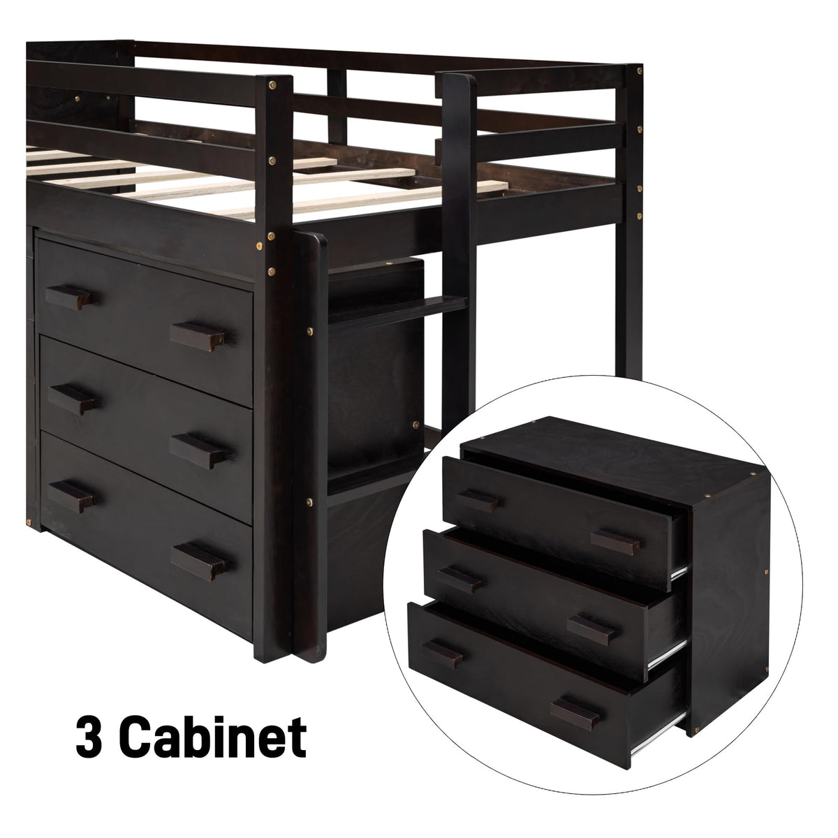 Merax Twin Wooden Loft Bed，Wood Bedframe for Kids Teens， Adults Bedroom with Cabinet, Shelf, Stairs, Espresso