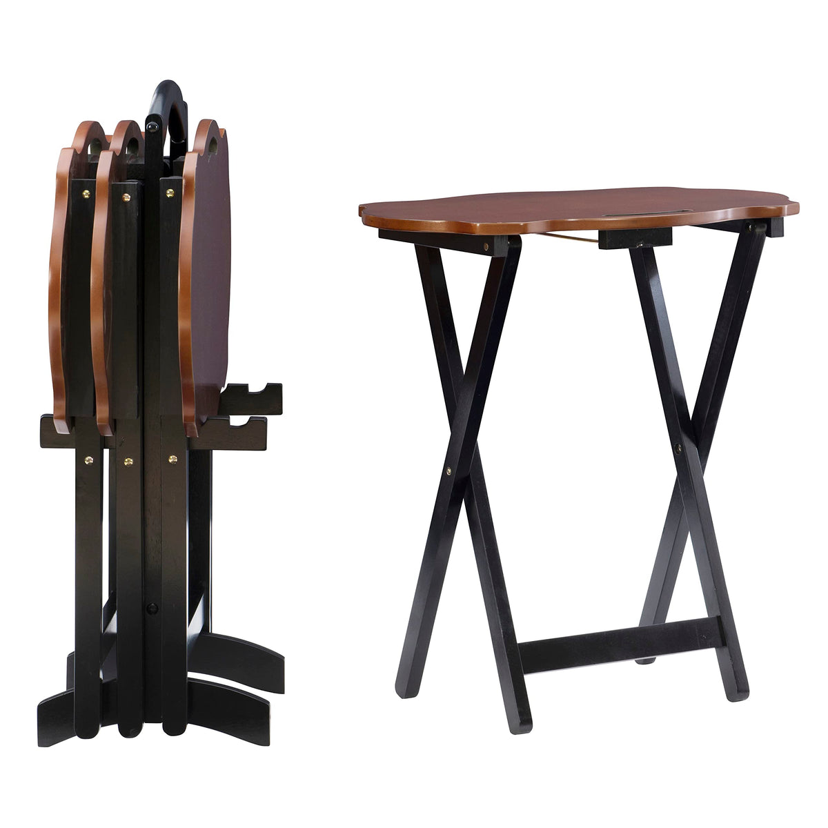 Powell Furniture Serpentine Modern Storage Tray Table, Black with Hazelnut Top, Set of 4, 23.1/2" x 15.3/4" x 26"