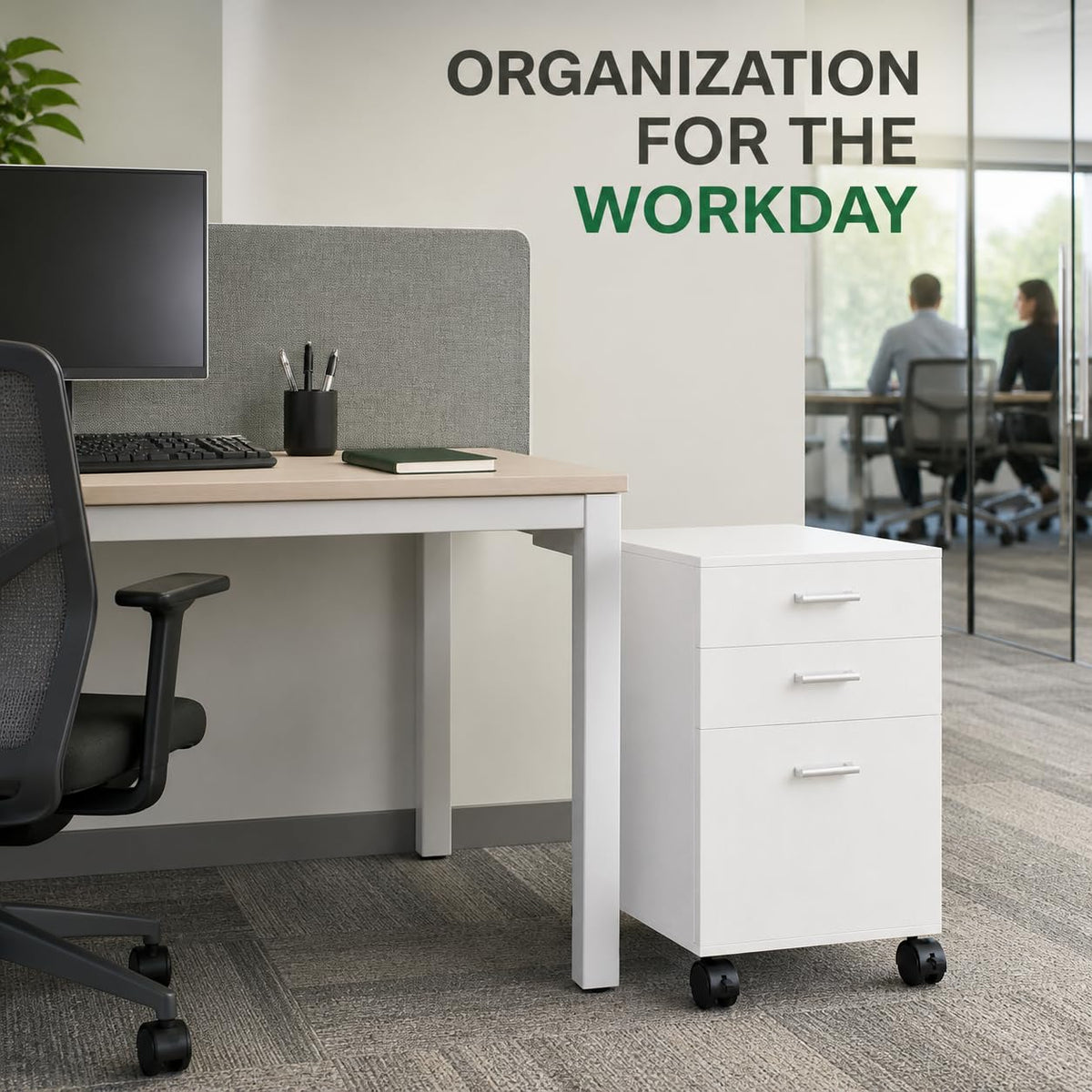 3 Drawer White Preassembled Wooden Under Desk Mobile Printer Stand