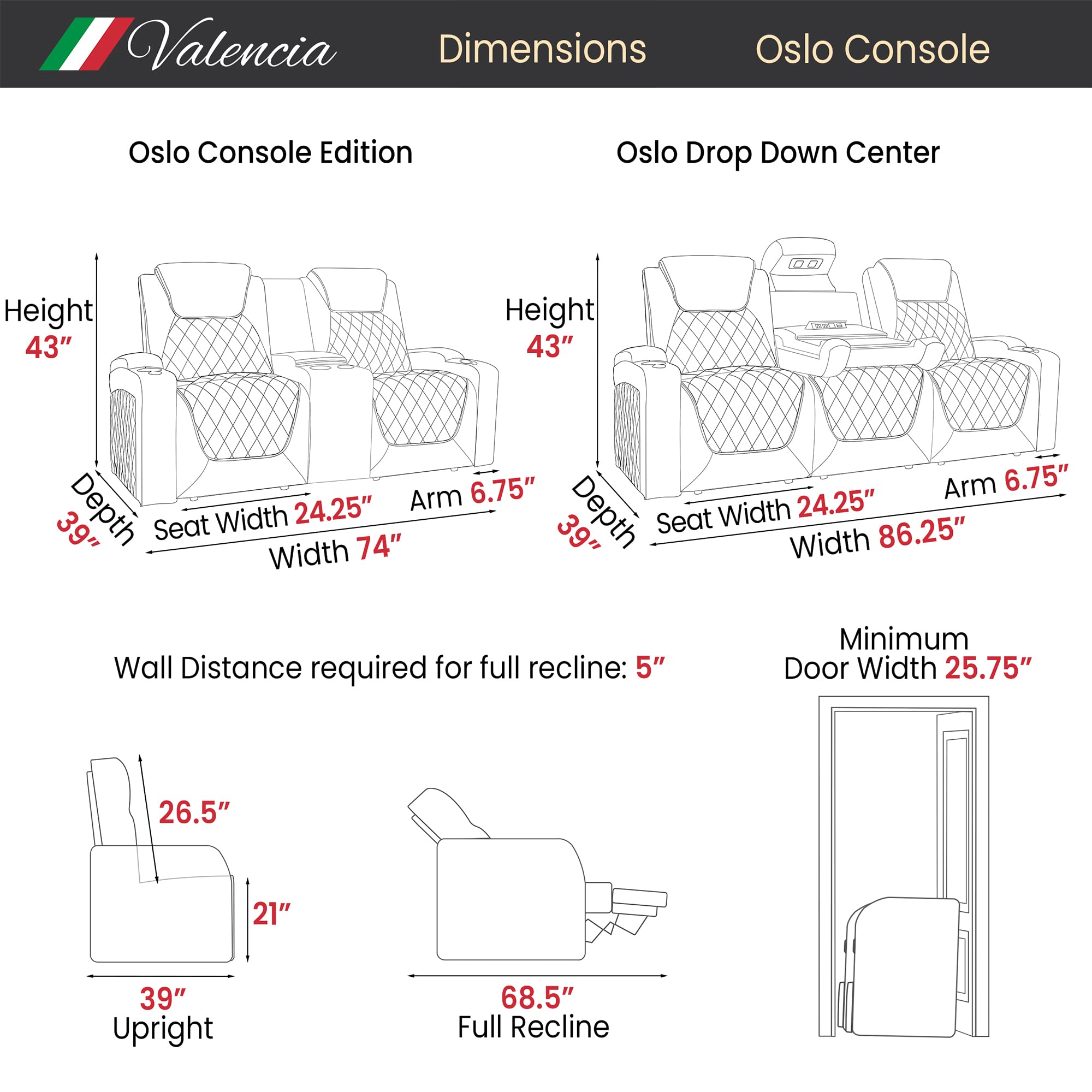 Valencia Oslo Home Theater Seating | Premium Top Grain Italian Nappa 11000 Leather, Power Headrest, Power Lumbar Support, with Center Console (Row of 3, Black)