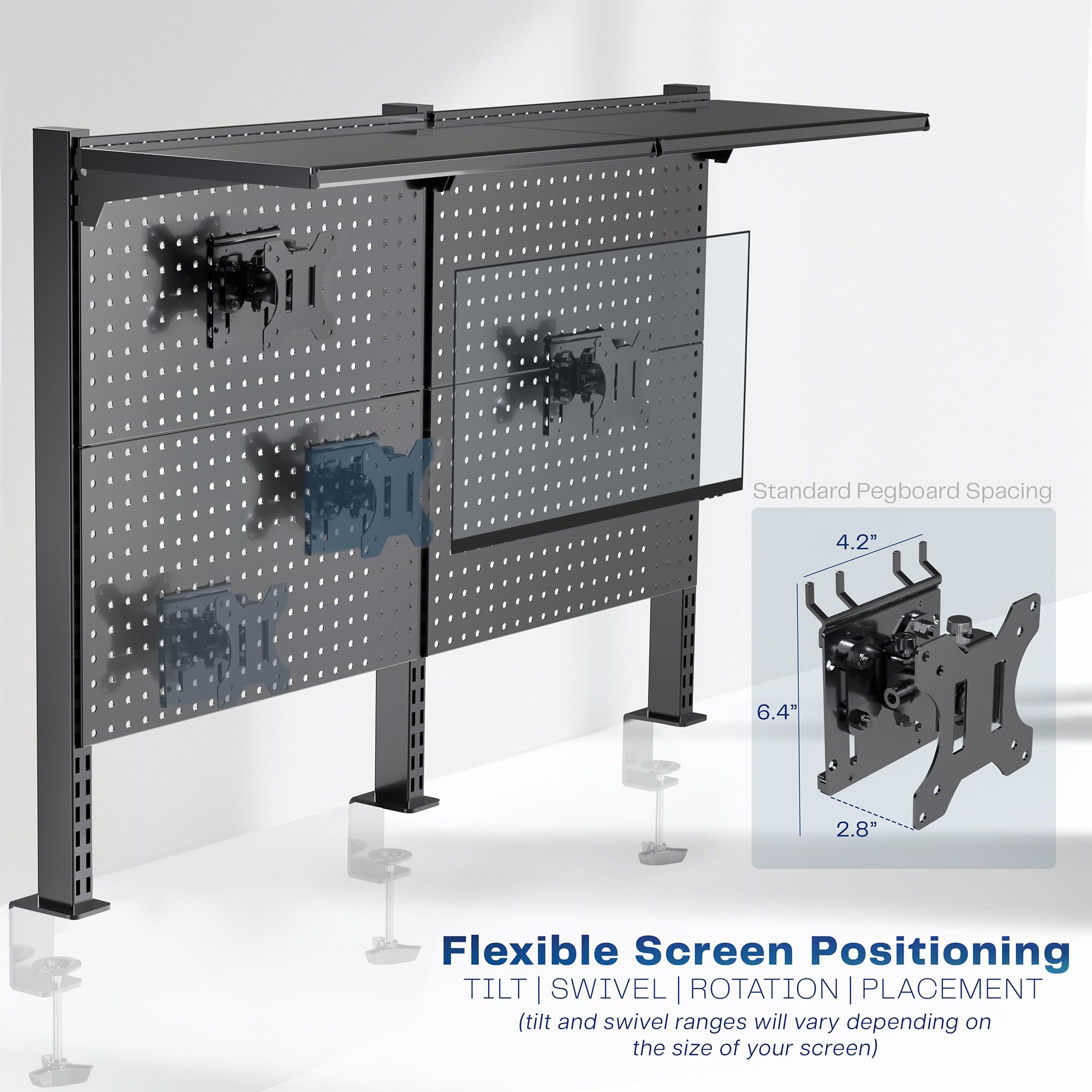 Desk Pegboard System with Dual Monitor Mounts & Storage Shelf