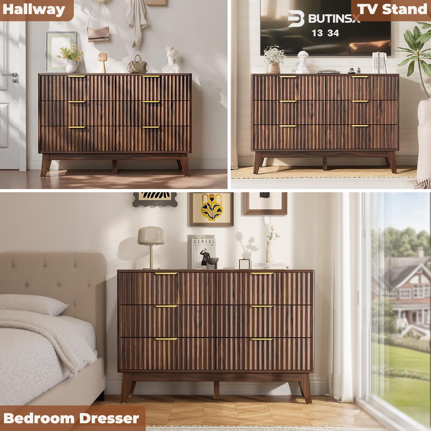 Modern 6 Drawer Dresser, Walnut, Fluted Wave Design, Rounded Corners, Mid Century Dresser TV Stand, 48" Wide Chest of Drawers for Bedroom and Living Room