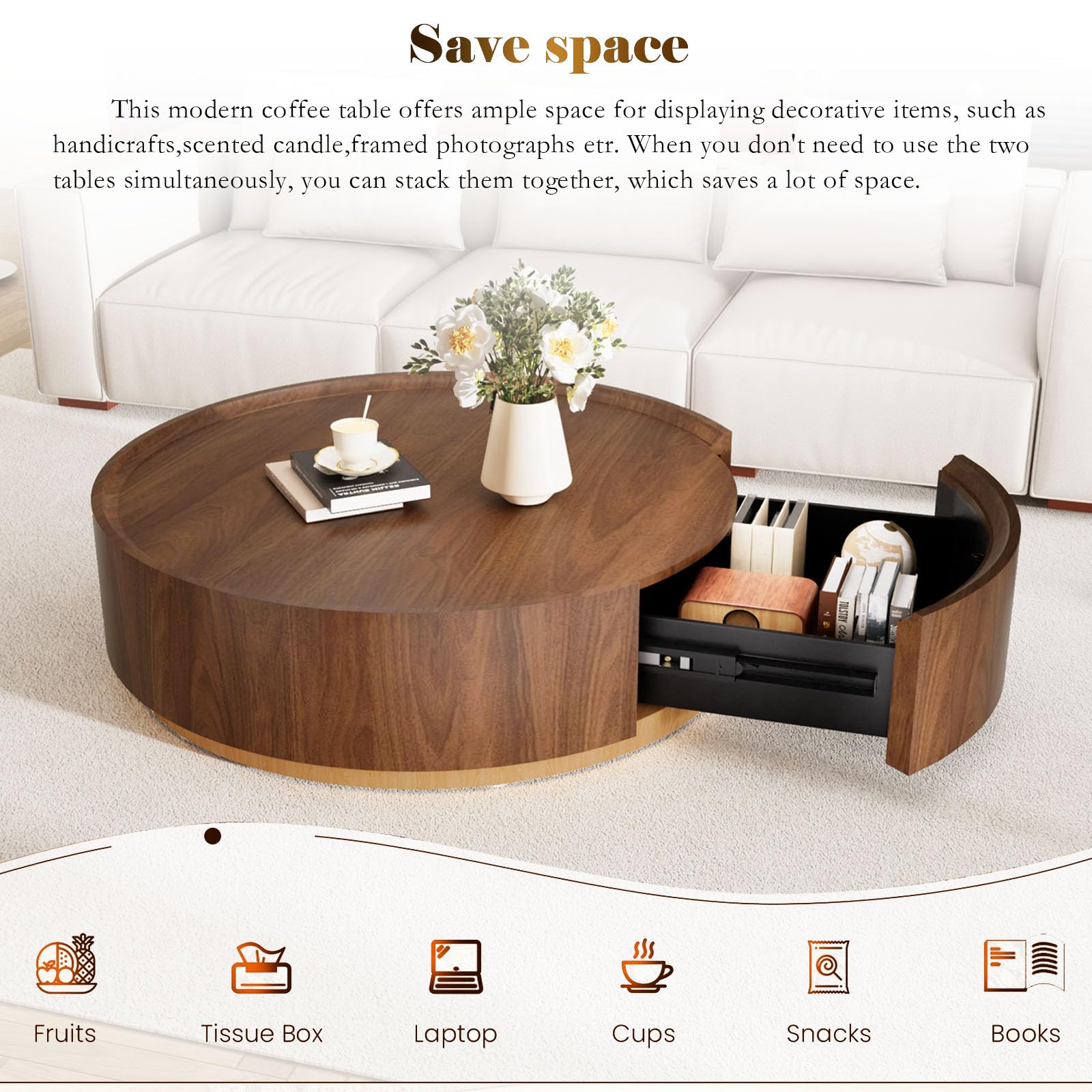 35.4'' Round Drum Coffee Table with Storage, Modern Wooden Round Coffee Tables, Unique Circle Center Table Accent Tea Table with Sturdy Pedestal for Living Room Apartment Small Space (Brown 35.4")