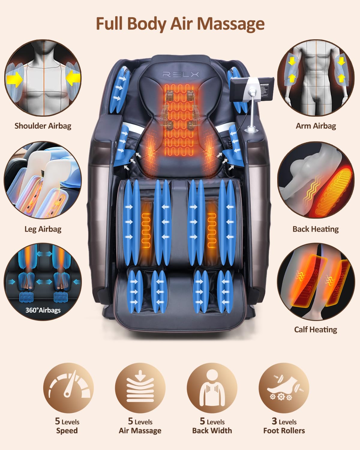RELX 2026 Massage Chair Full Body, Body Scan, Zero Gravity Recliner, Brown