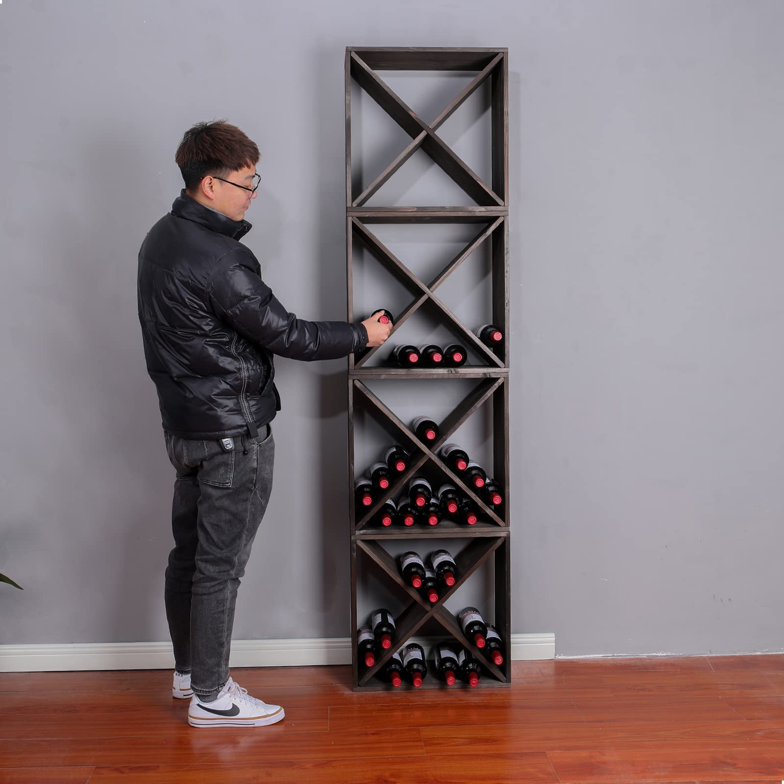 FDHUIJIA Wine Rack Cabinet countertop Wooden Stackable Storage Retro Cube freestanding Floor Wine Bottle Holder Stand(96BottleBlack)