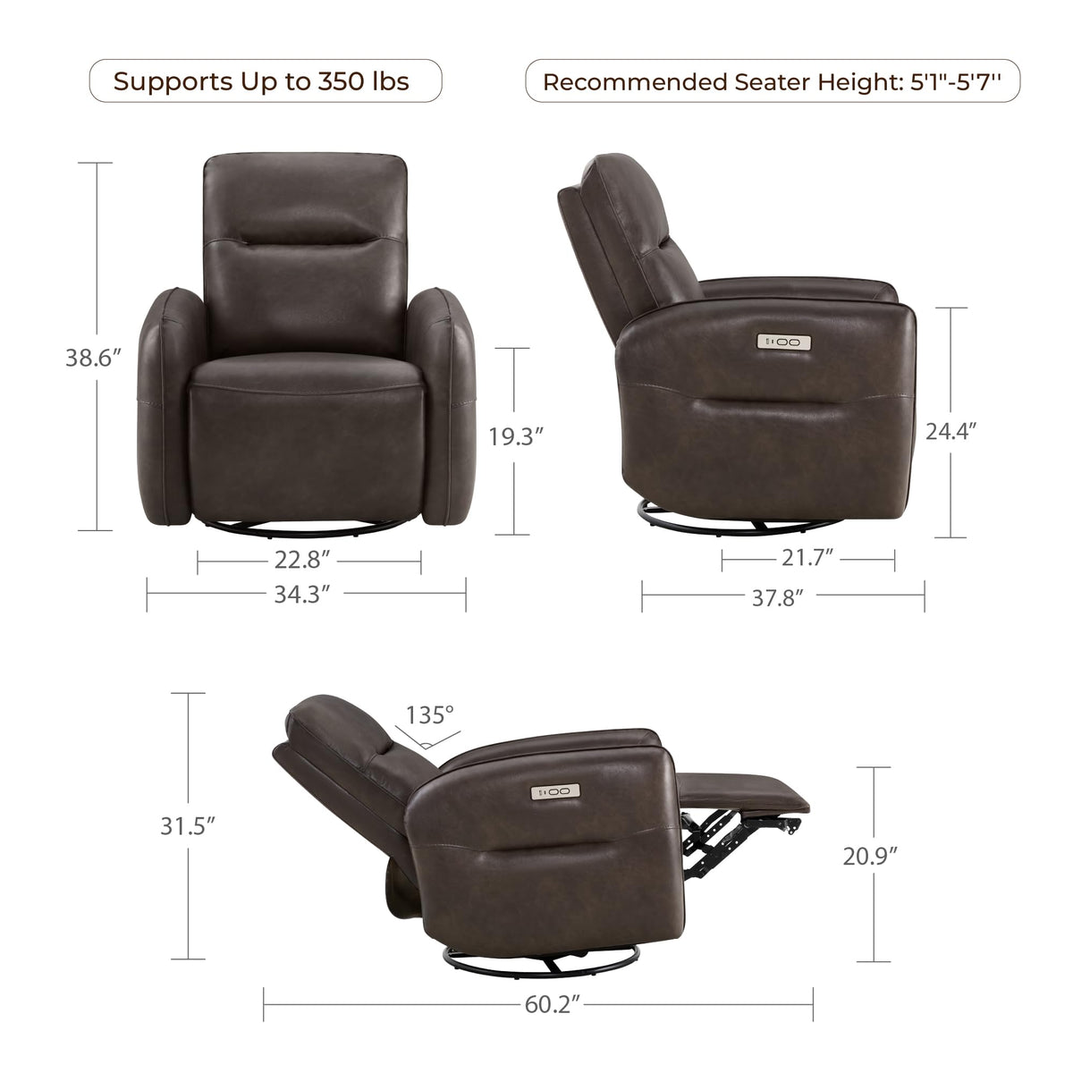 CHITA Faux Leather Power Recliner Chair, Swivel Glider, Chocolate Brown