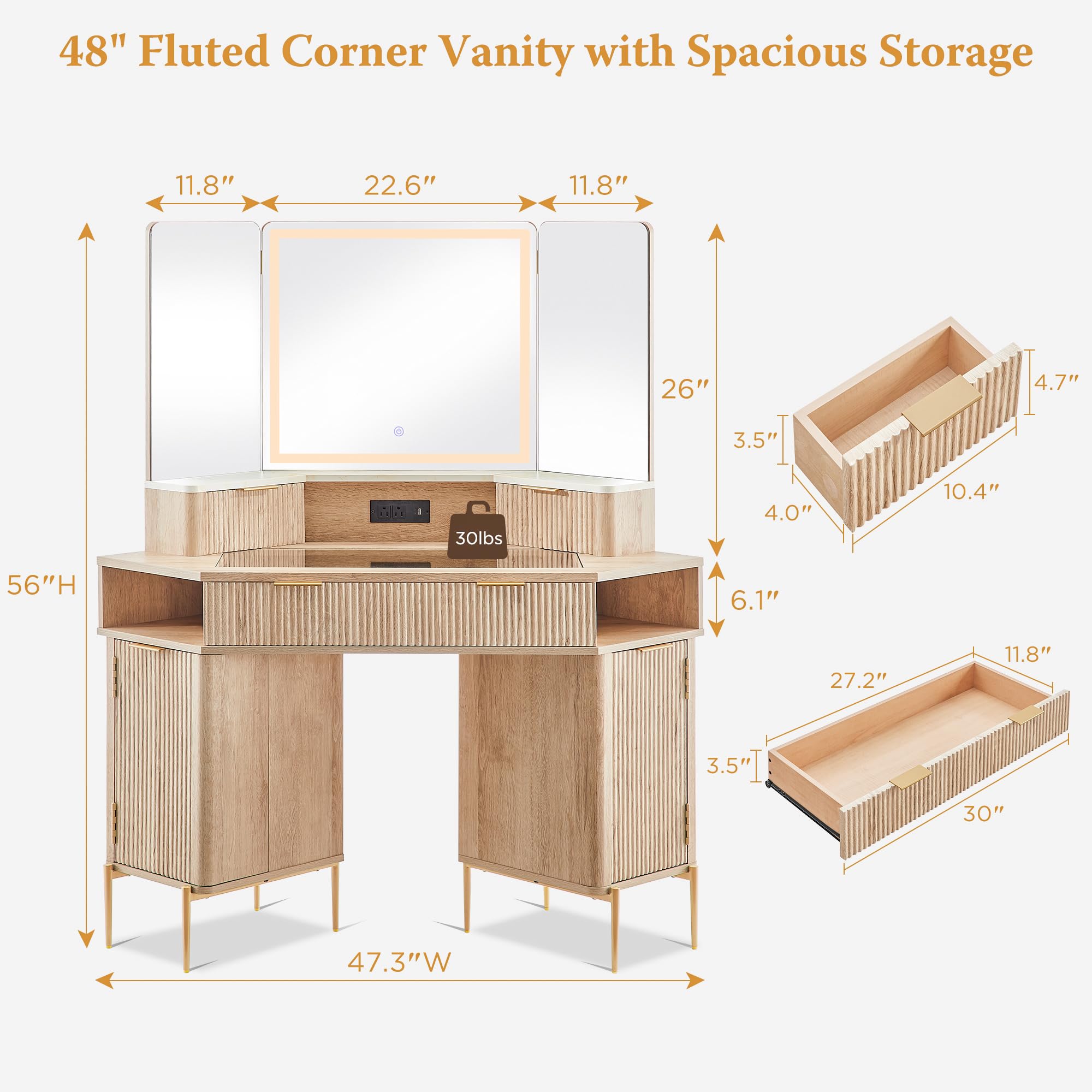 T4TREAM 48" Fluted Makeup Vanity Desk with HD Triple Mirror and Lights, Large Lighted Corner Vanity with Glass Top, Modern Dressing Table with 3 Drawers & 2 Cabinets for Bedroom, Natural Oak