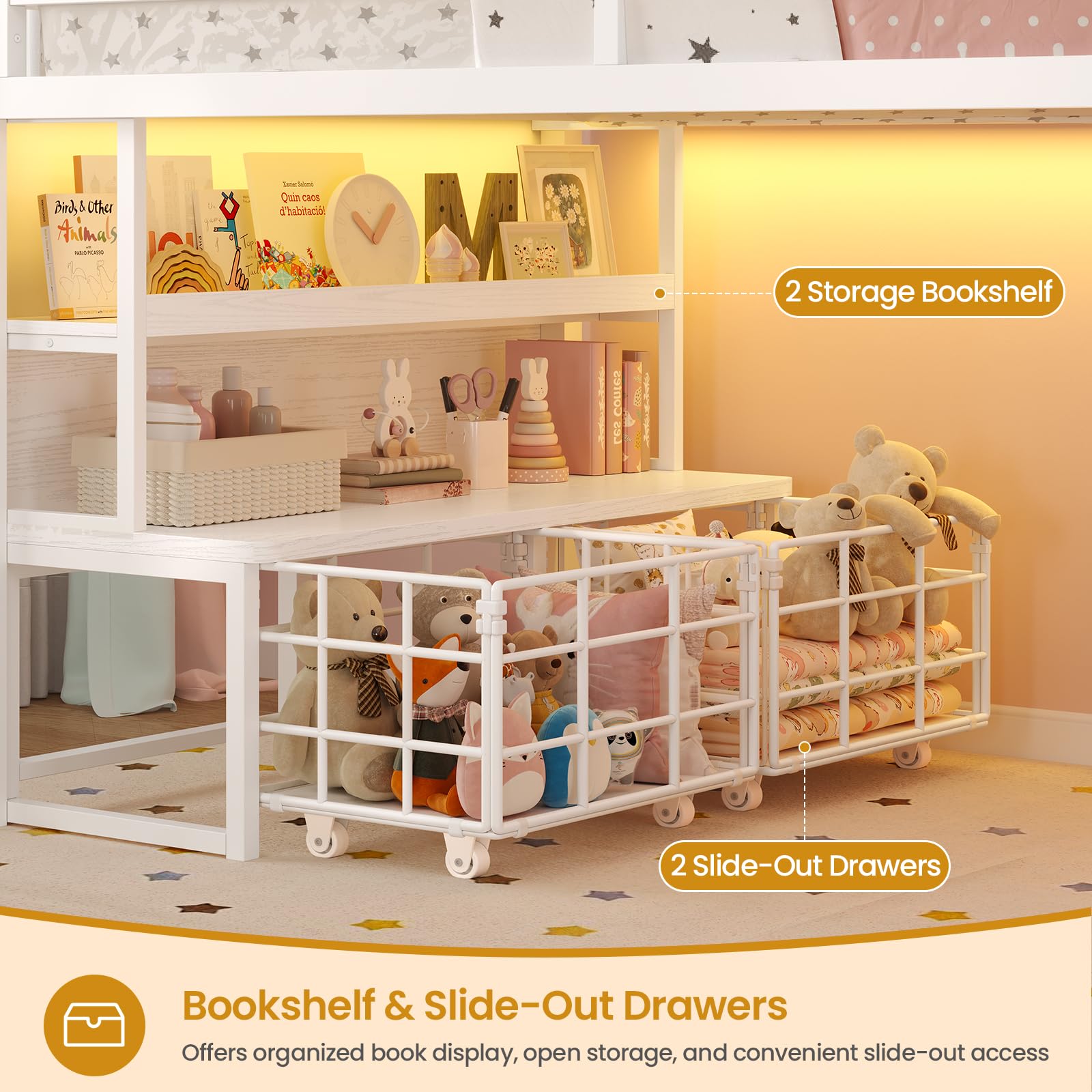 ADORNEVE Low Loft Bed Twin Size with 5 Storage Drawers, Twin Loft Bed with Bookcase & LED Lights, Open Storage Shelves, Metal House Bed with Safety Guardrail & Under-Bed Play Space for Kids, White