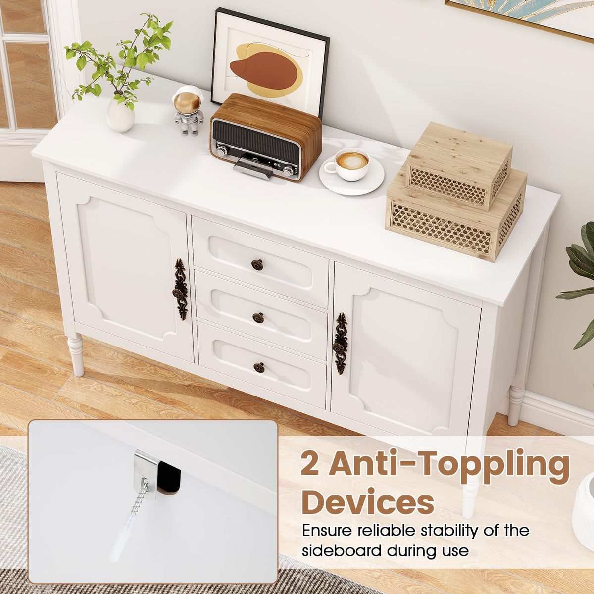 SILKYDRY Buffet Cabinet, 47" Vintage Sideboard w/Adjustable Shelves(White)