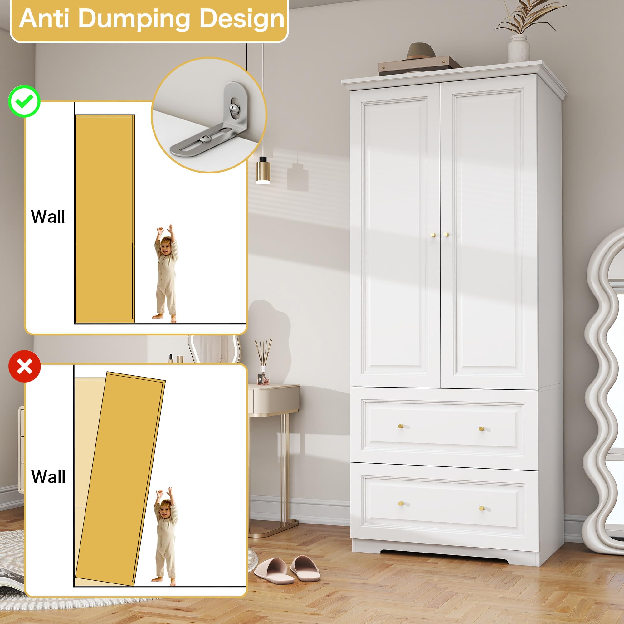 LABROSKIA White Wardrobe with 2 Drawers: 74" Wooden Wardrobe Closet for Hanging Clothes, Tall Armoire Closet with 2 Doors, Bedroom Armoires with Hanging Rod (32")