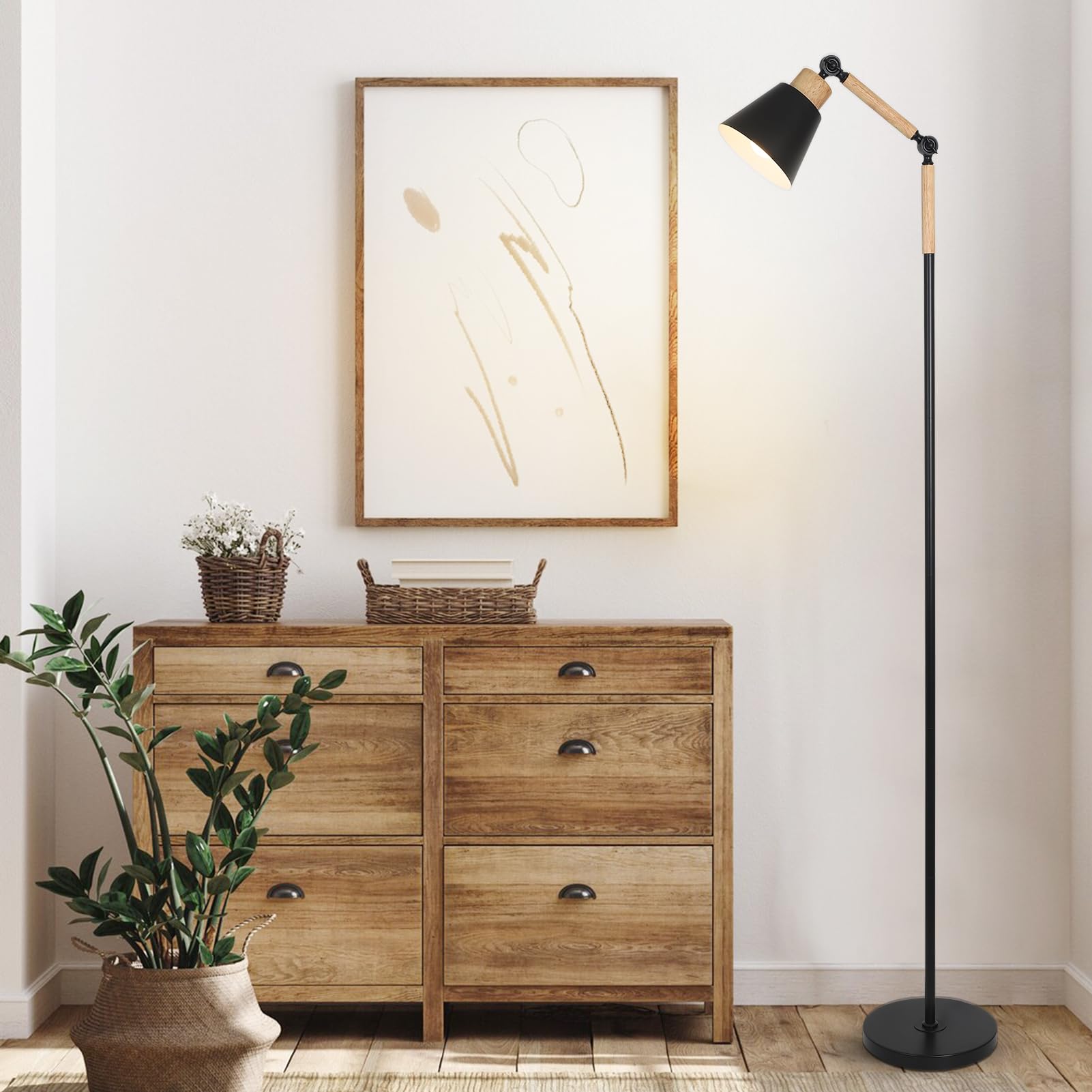 HMVPL Farmhouse Floor Lamp for Living Room, Rustic Standing Lamp with 5W 3000K Bulb, Wood Corner Floor Lamp with Foot Switch, Height Adjustable, Boho Pole Tall Lamp for Bedroom Reading Office Nursery
