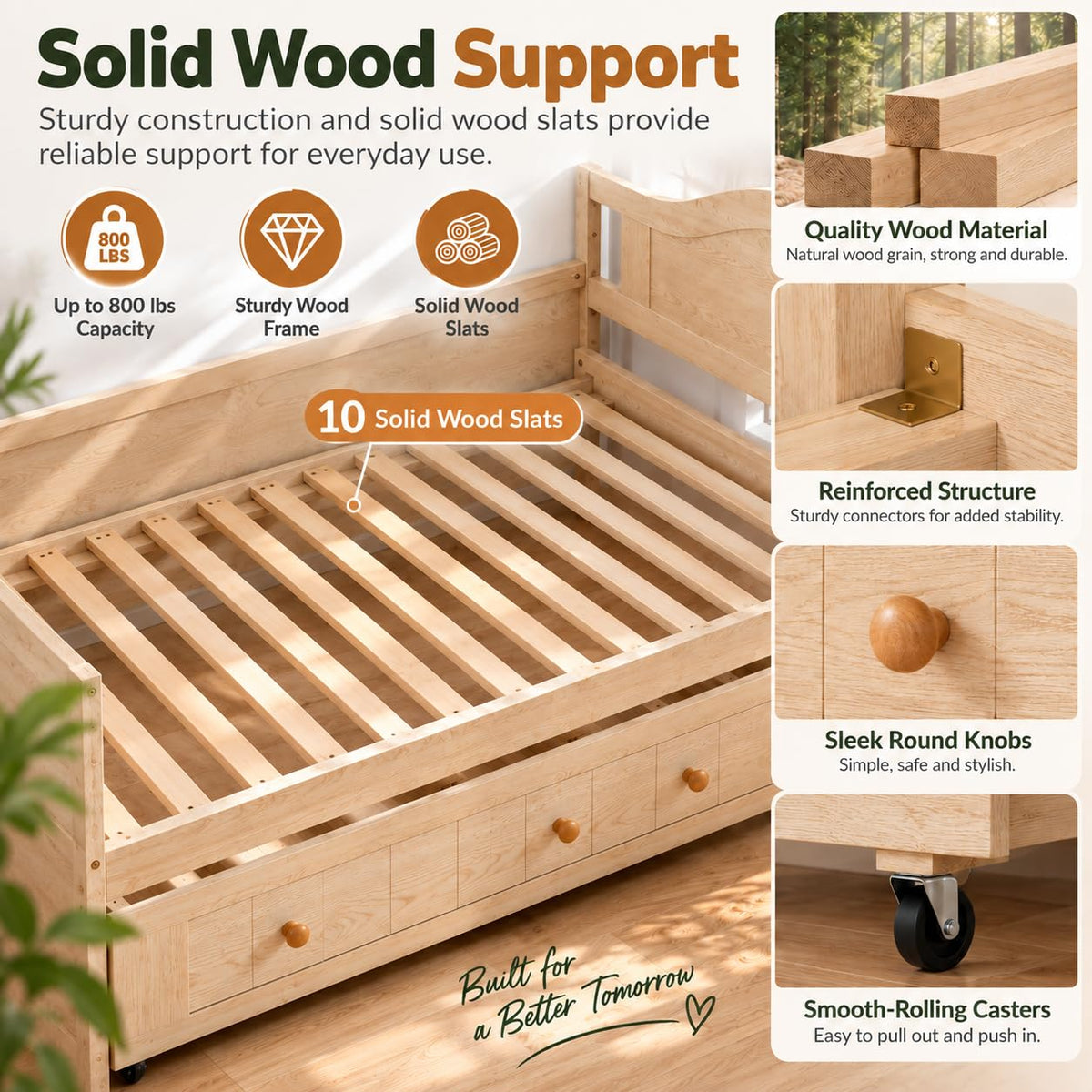 Twin Trundle Bed Frame, Twin Size Daybed with Rolling Trundle, Natural