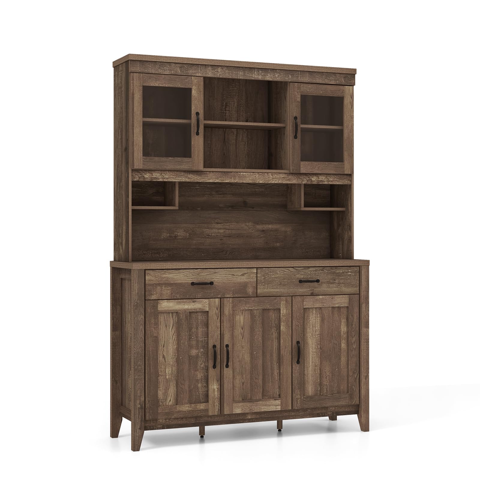 Tall Kitchen Hutch Storage Cabinet with Glass Doors & Microwave Shelf