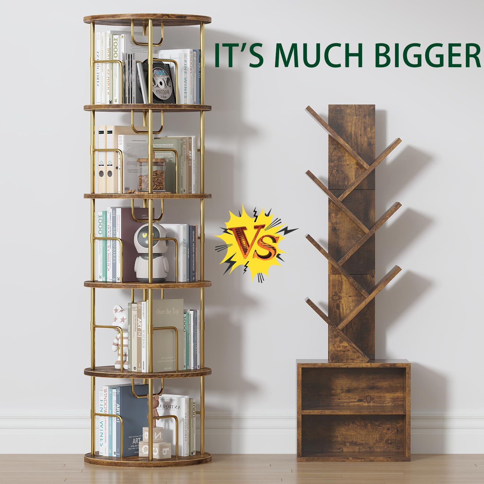 5Tier Rotating Bookshelf, 360 ° Display Stackable Spinning Bookshelf Tower,Round Space Saving Tall Floor Standing Swivel Bookcase Corner Storage Organizer for Bedroom/Living Room/Office，Gold