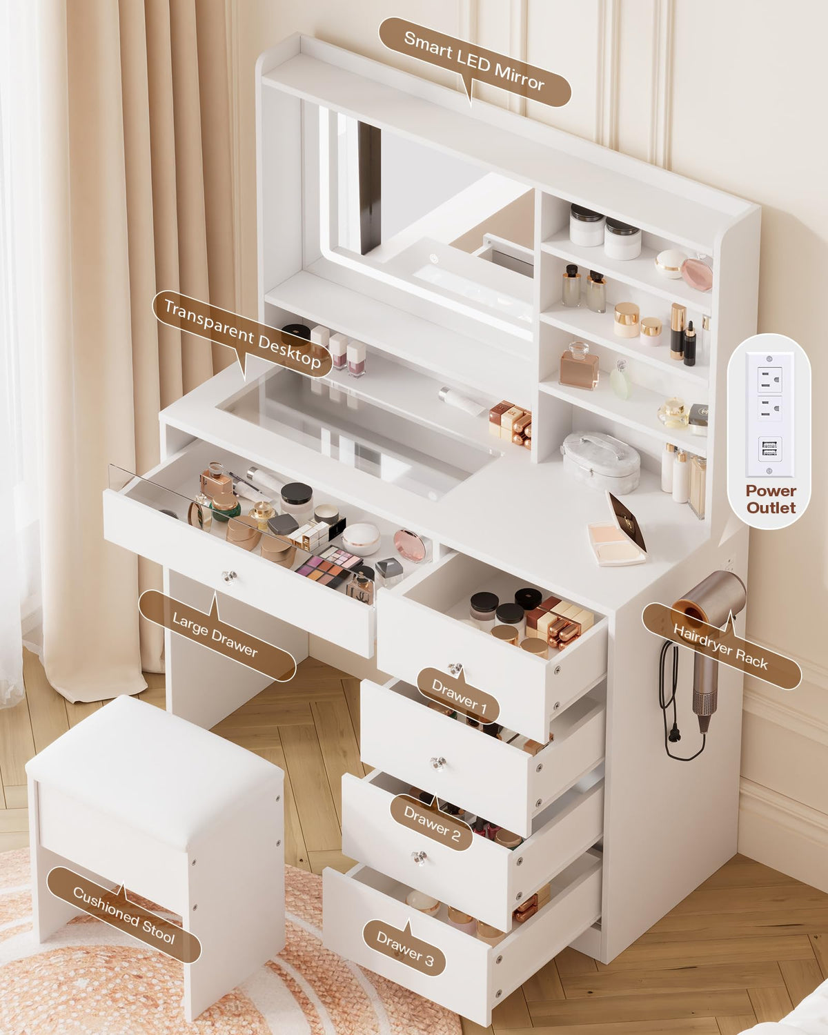 Glass-Top LED Makeup Vanity