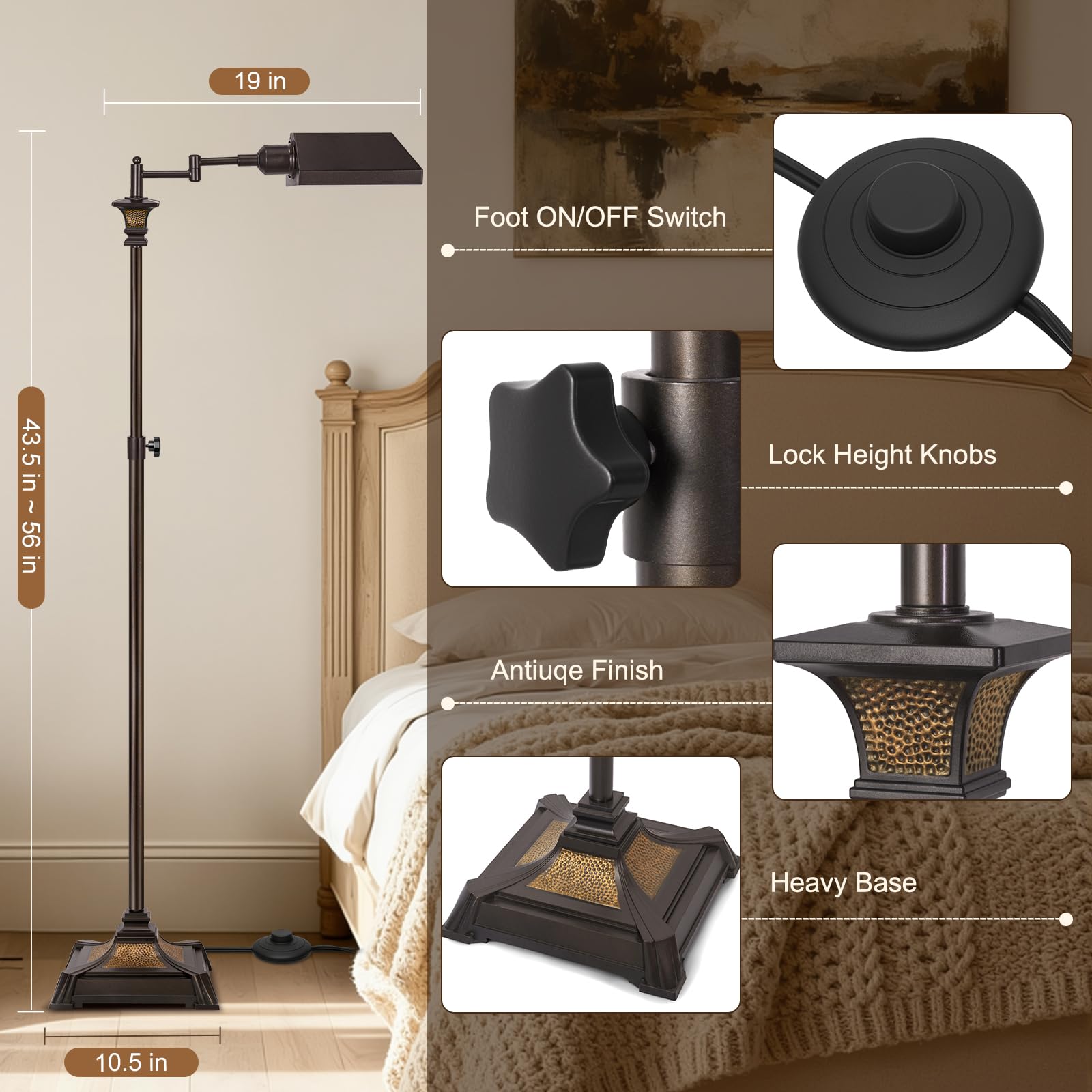 Scenekoy Adjustable Height Smart LED Floor Lamp for Living Room Bedroom, Remote Control Traditional 350º Swing Arm Standing Lamp with Swivel Metal Shade, Decor for Reading House Home Office