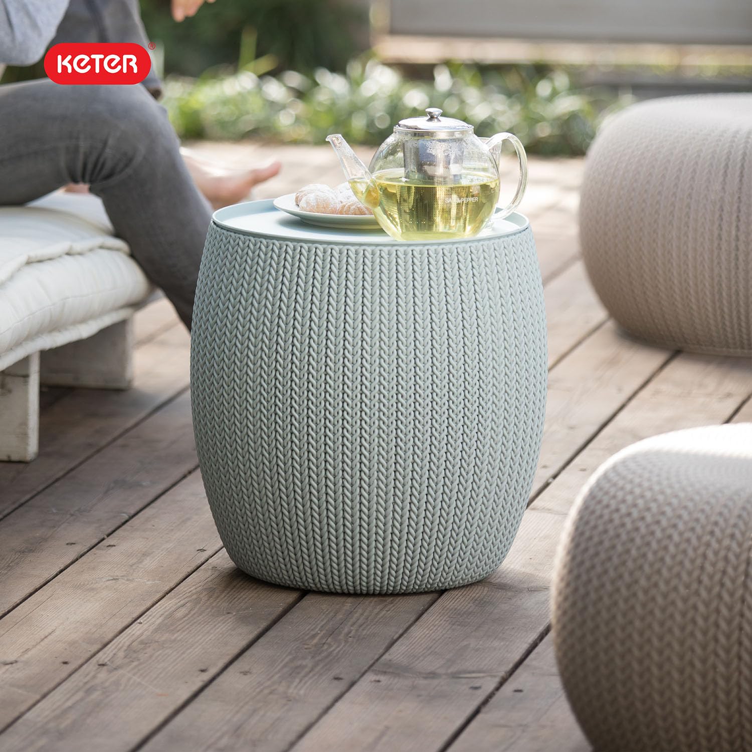 Keter Urban Knit Pouf Ottoman Set of 2 with Storage Table for Patio and Room Décor - Perfect for Balcony, Deck, and Outdoor Seating, Misty Blue & Taupe