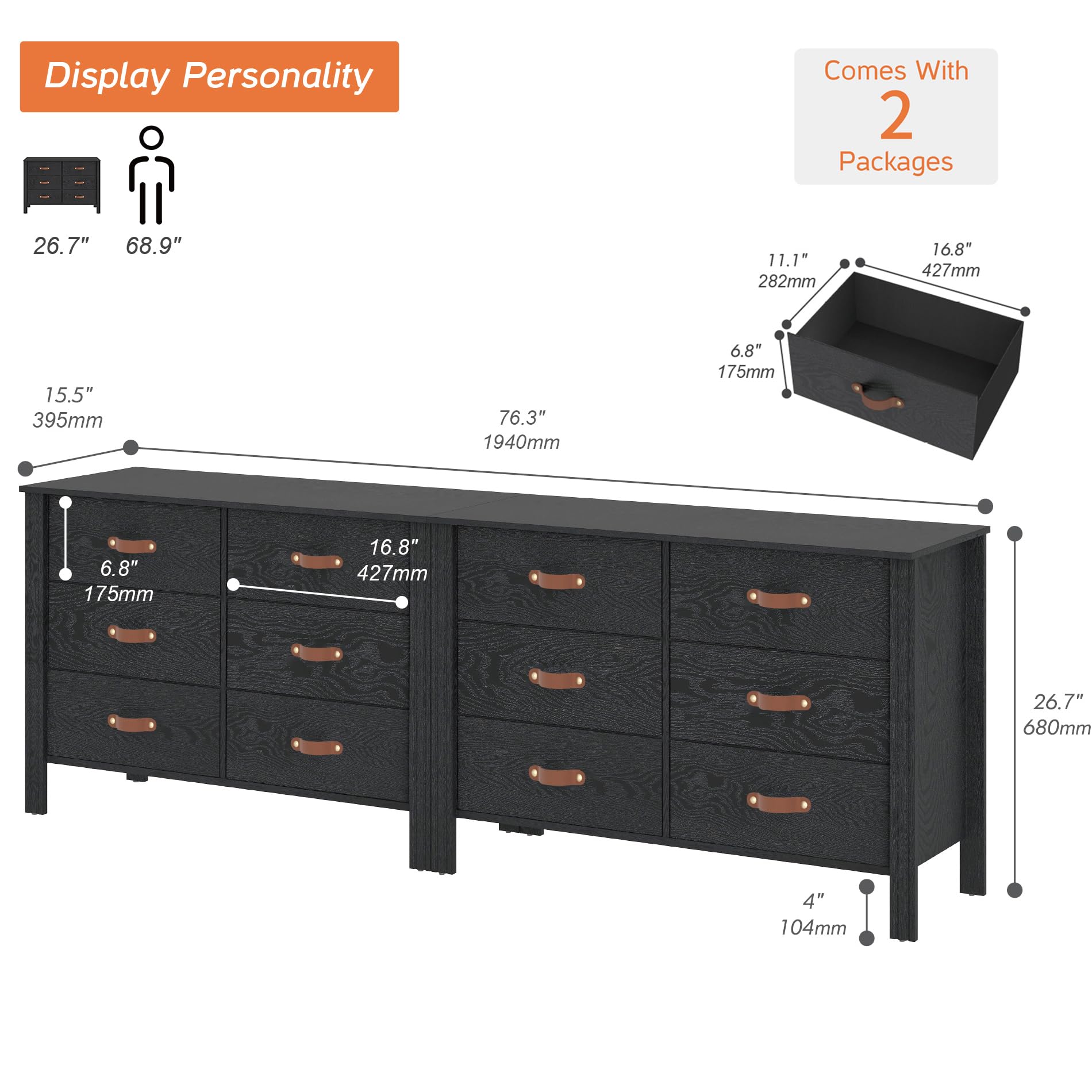 WAMPAT Black Dresser for Bedroom, Long Wide Dresser with 12 Drawers, Kids Dressers & Chests of Drawers, Set of 2 Classic Wooden Storage Cabinet Organizer for Closet, Living Room, Hallway