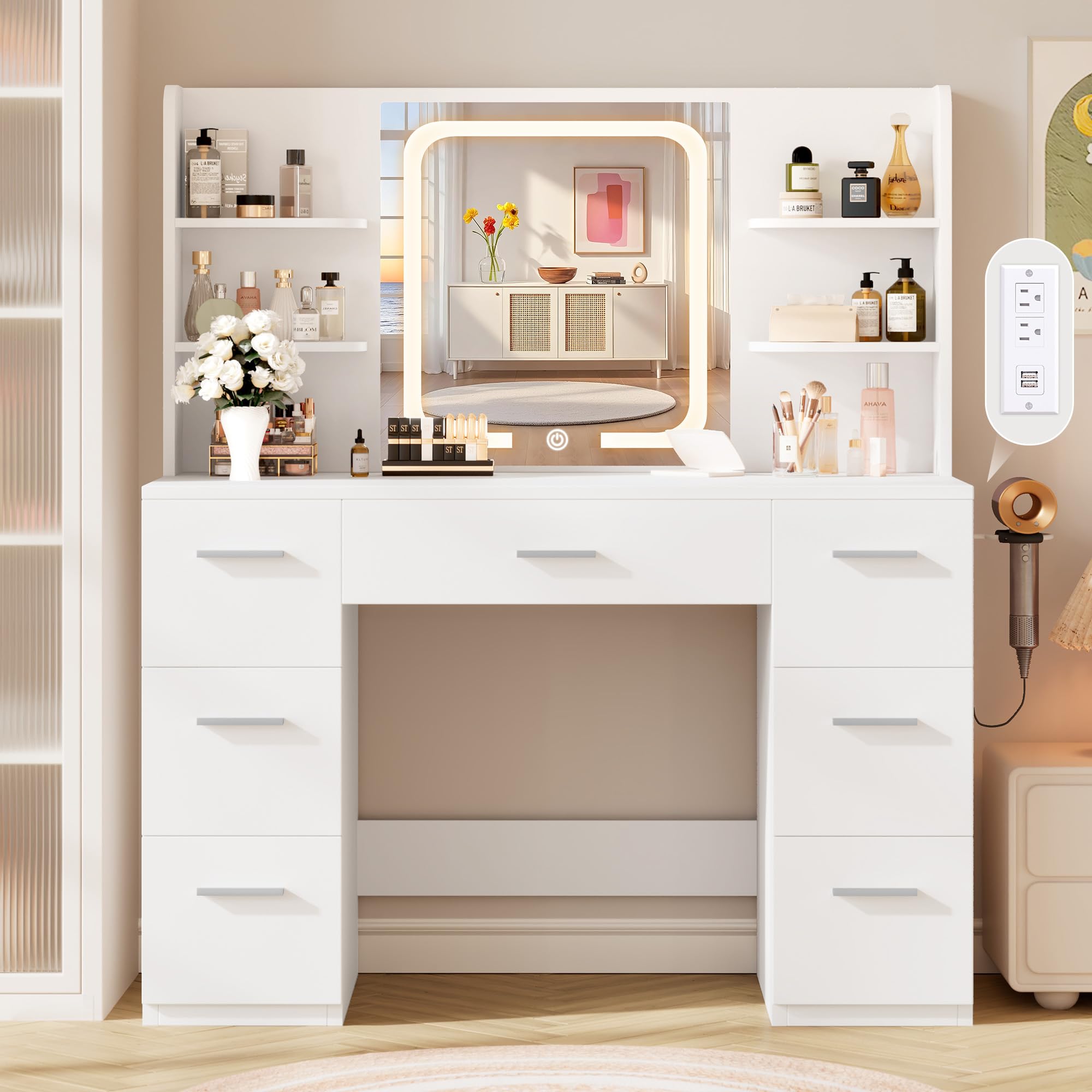 43" Makeup Vanity Desk with Smart LED Mirror & Charging Station