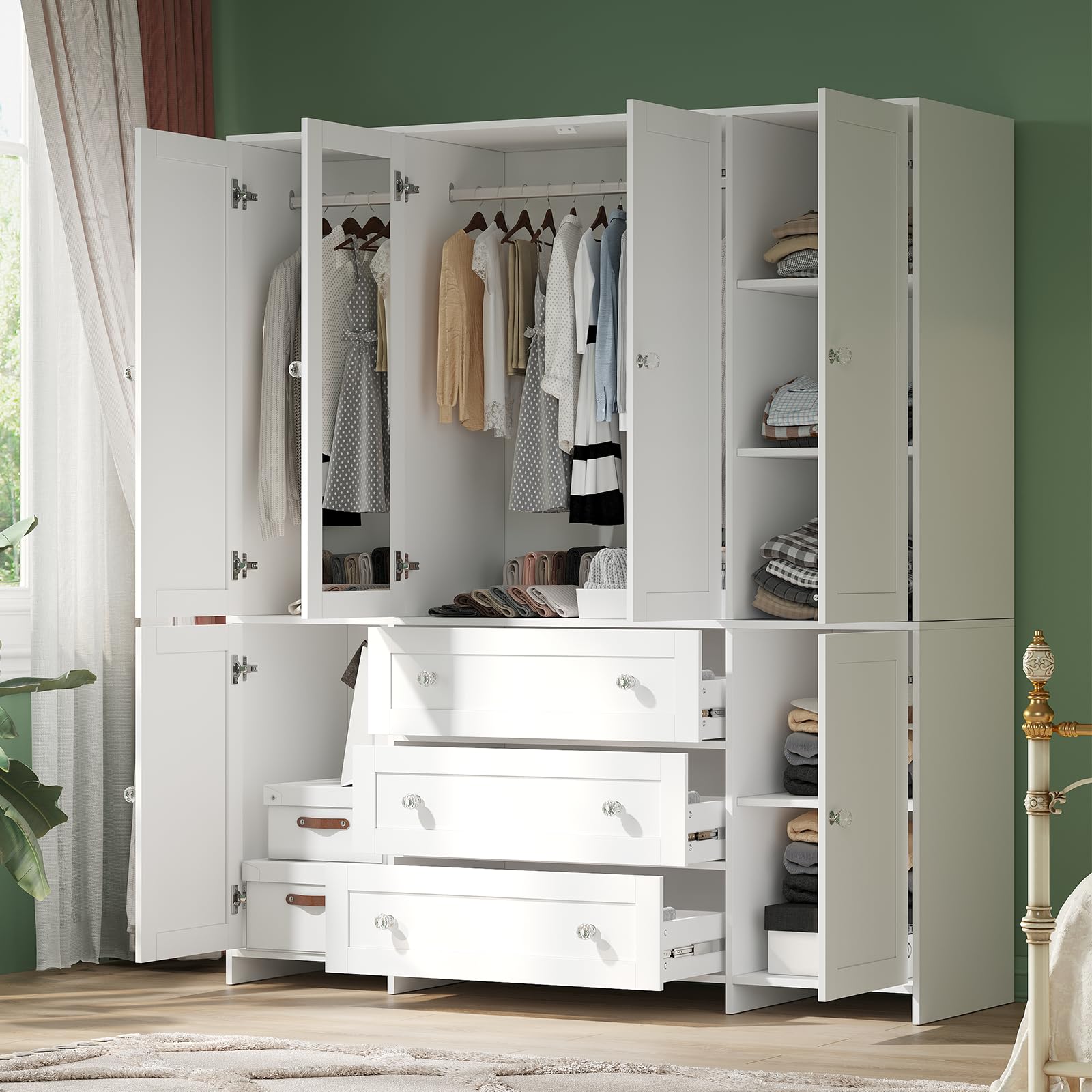 VOWNER Armoire Wardrobe Closet with Drawers and Mirror, 71" Clothing Storage Cabinet with Hanging Rod, 6 Doors Wooden Wardrobe Cabinet for Bedroom, Large Capacity Storage