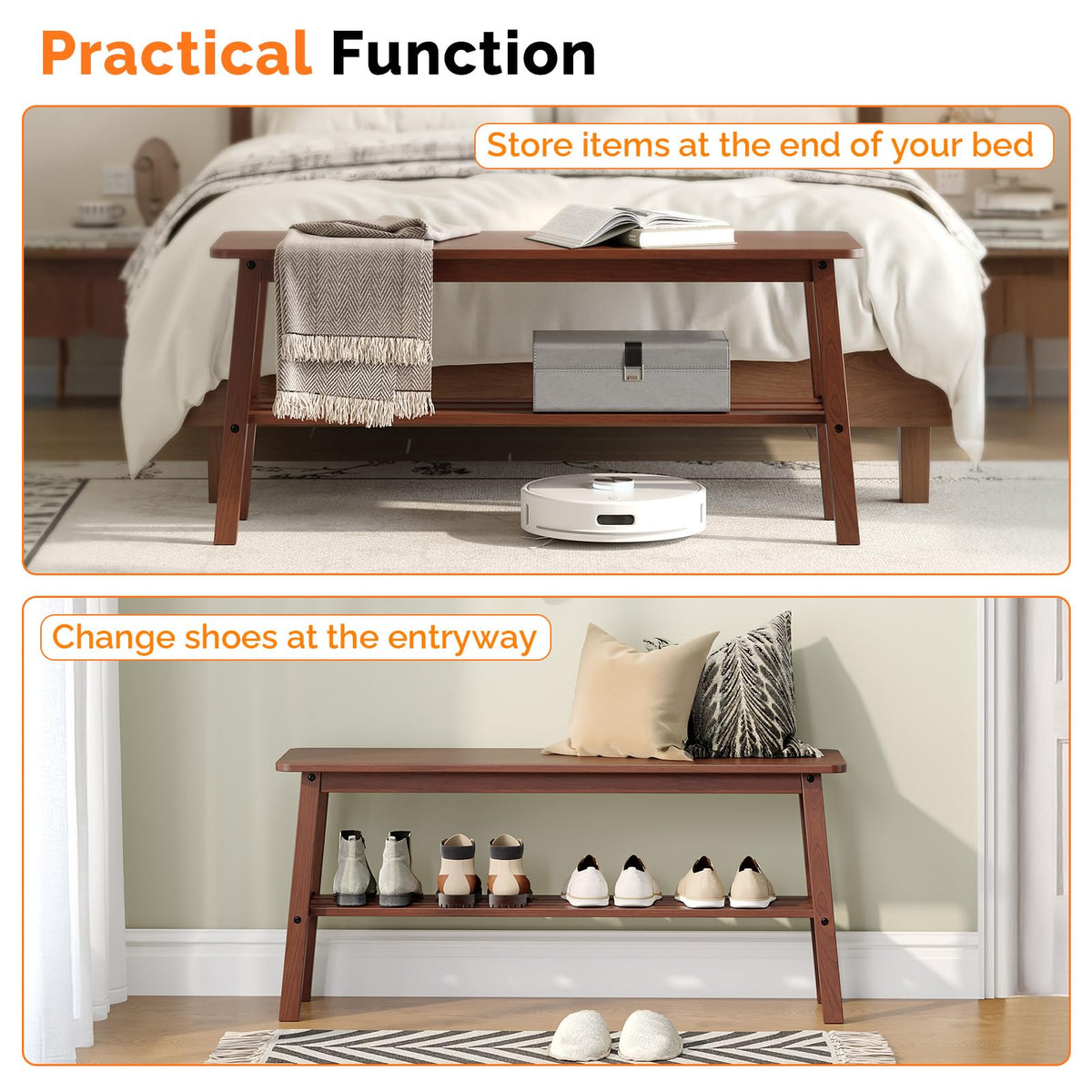 VINGLI Wood Dining Bench with Lower Shelf, Farmhouse Entryway Bench, Walnut