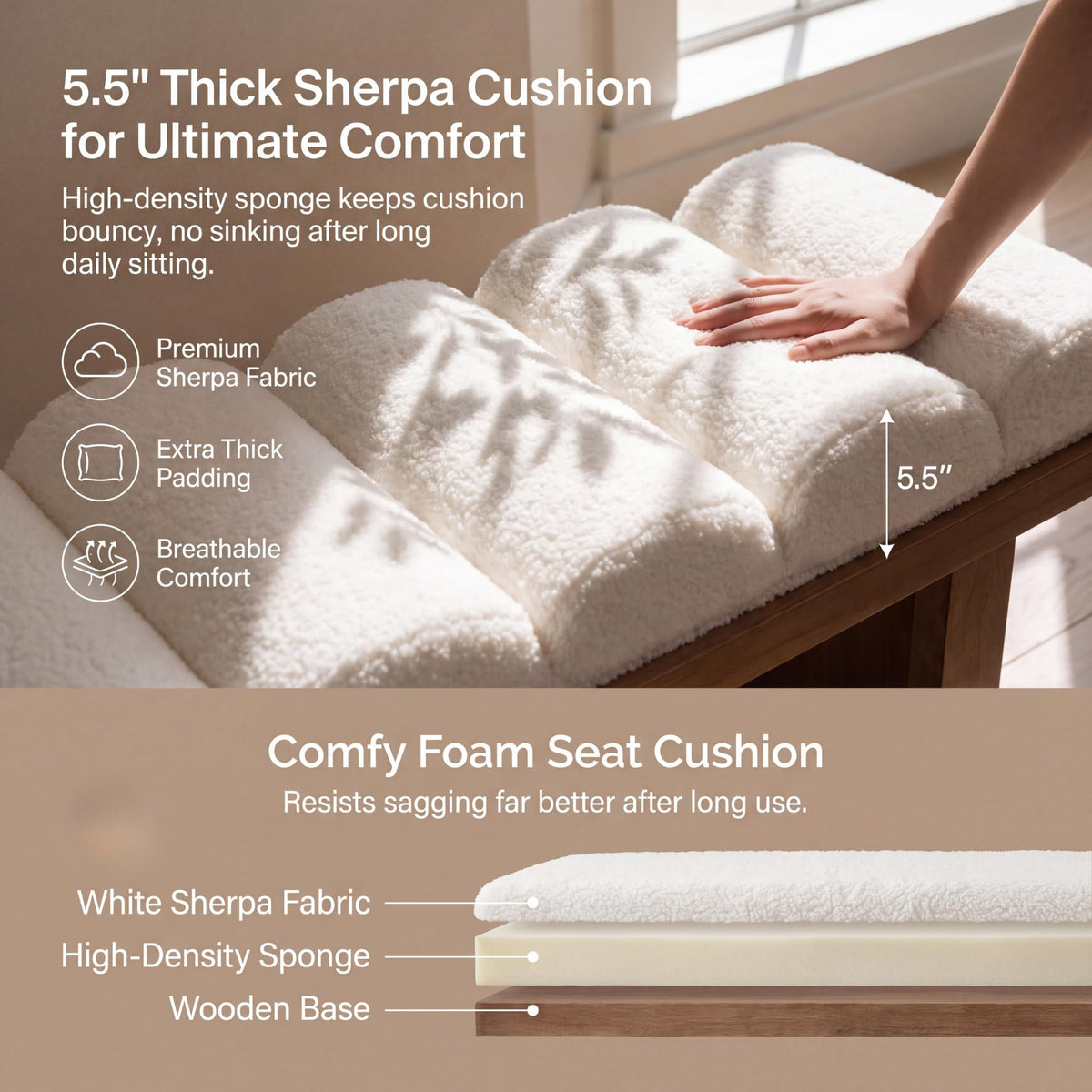 White Sherpa Upholstered Bench