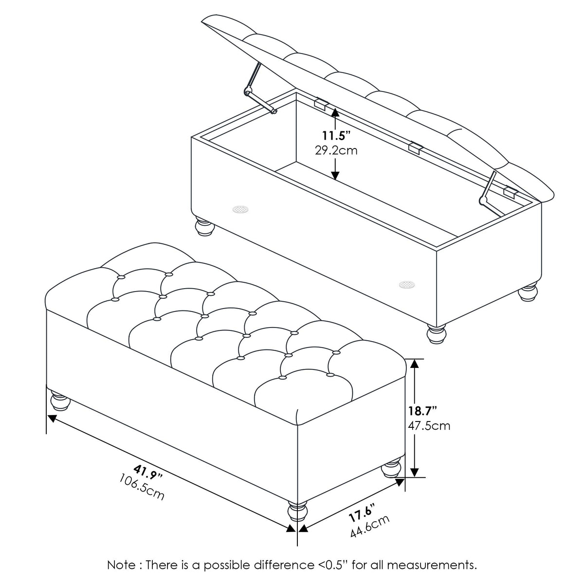 FURINNO Laval Button Tufted Storage Ottoman Bench for Entryway and Bedroom, Glacier