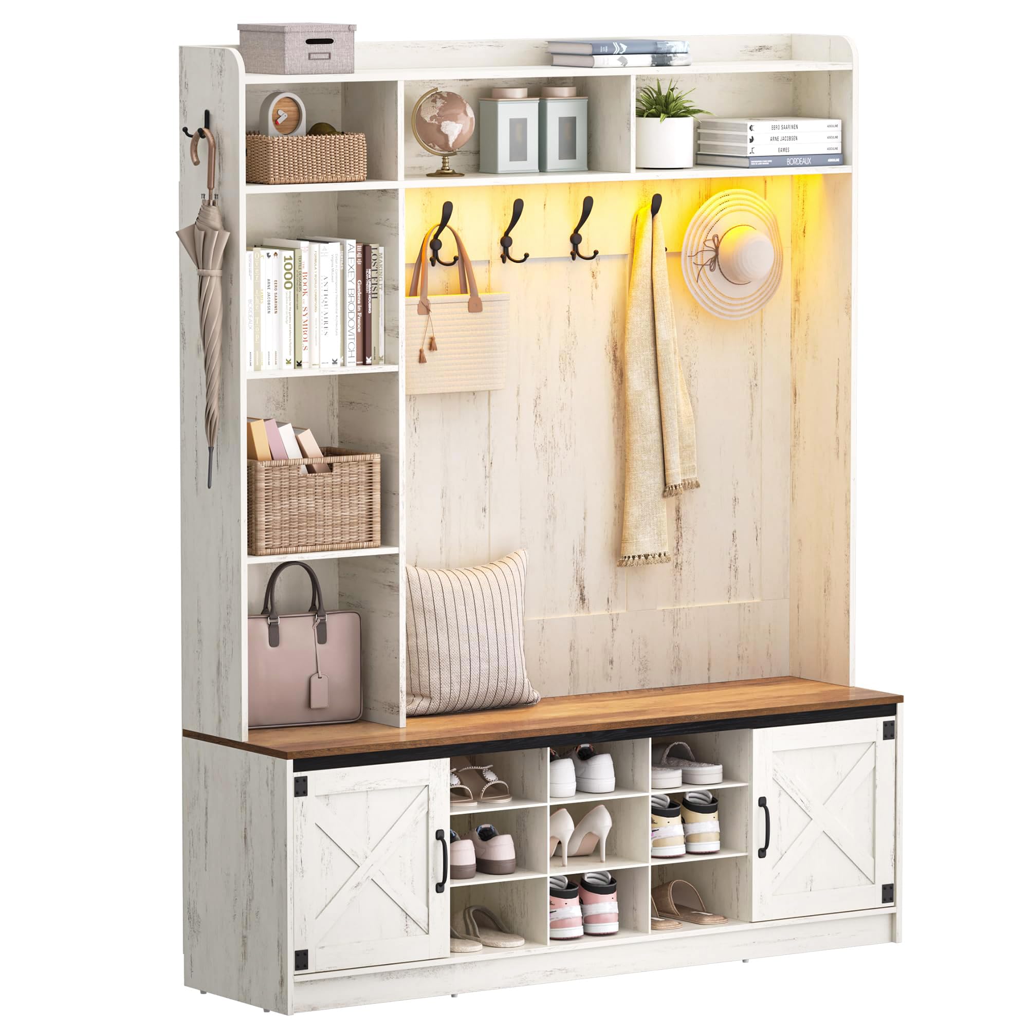LED Farmhouse Hall Tree with Bench & Shoe Storage