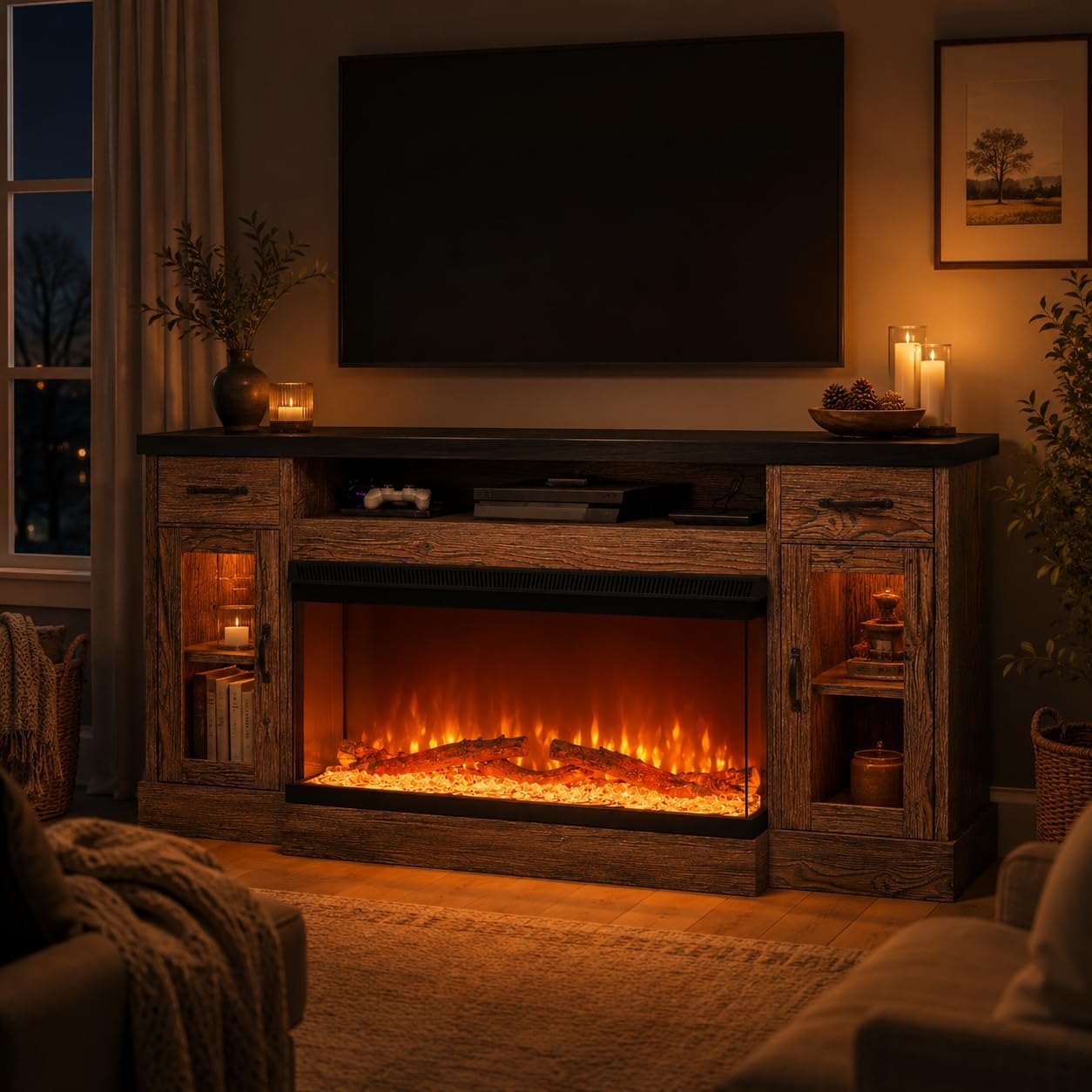 4 EVER WINNER 70" Fireplace TV Stand for TVs Up to 80", Farmhouse Entertainment Center with 3-Sided Glass Electric Fireplace, 2 Drawers, Storage Cabinets & Adjustable Shelves, Brown