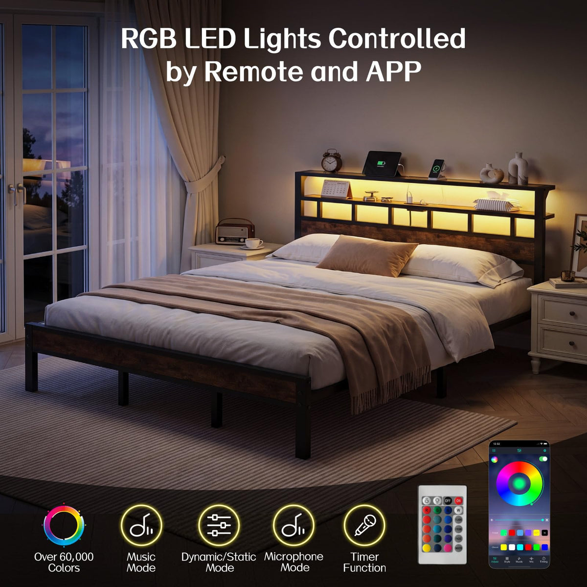 Insdiy King Bed Frame with Charging Station and LED, Metal Platform Bed
