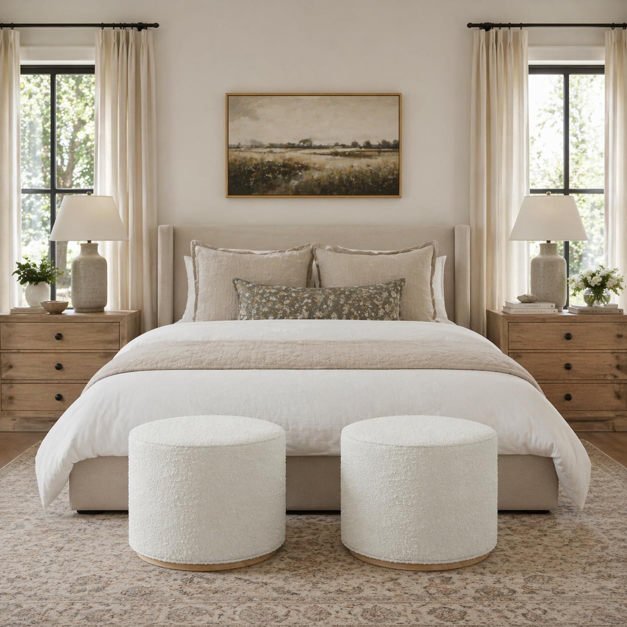 Spatial Order Bouclé Ottoman with Wooden Base – 22” Round Upholstered Footrest, Cream Textural Fabric, Modern Accent Stool for Living Room & Bedroom