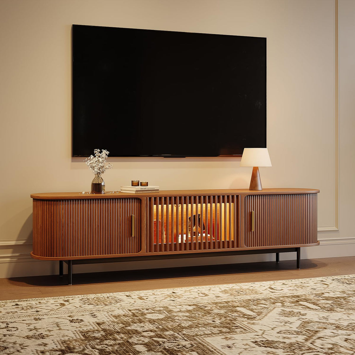 POVISON Fully-Assembled Sliding Tambour Door TV Stand with LED Lights, Mid Century Modern TV Console, Wood Media Console, Entertainment Center with Storage Cabinet(Walnut, 78.74")