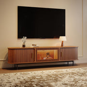 POVISON Fully-Assembled Sliding Tambour Door TV Stand with LED Lights, Mid Century Modern TV Console, Wood Media Console, Entertainment Center with Storage Cabinet(Walnut, 78.74")
