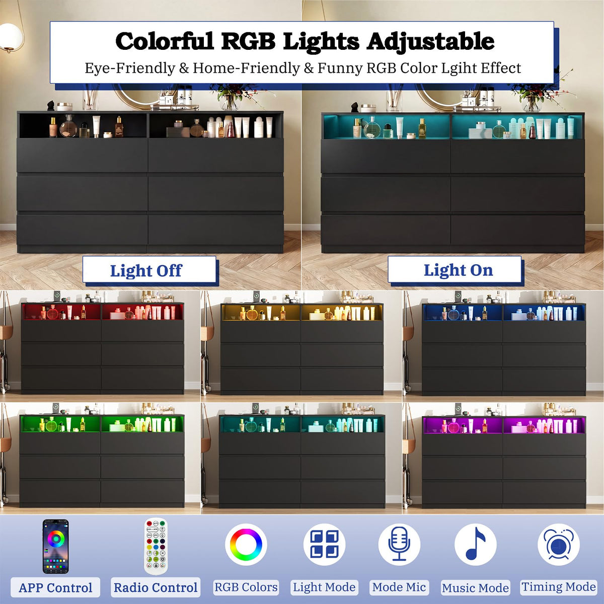 Premium 6 Drawers 2 Shelves 47"L Bedroom Black Dresser with RGB Lights