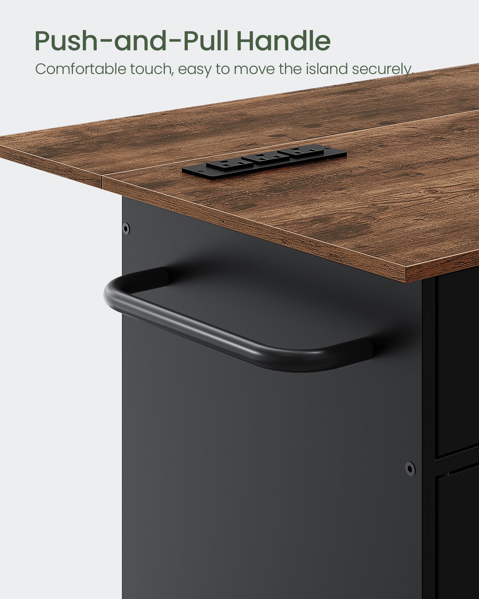 Kitchen Island Cart with Drop Leaf, Power Strip, Cabinet & Drawer