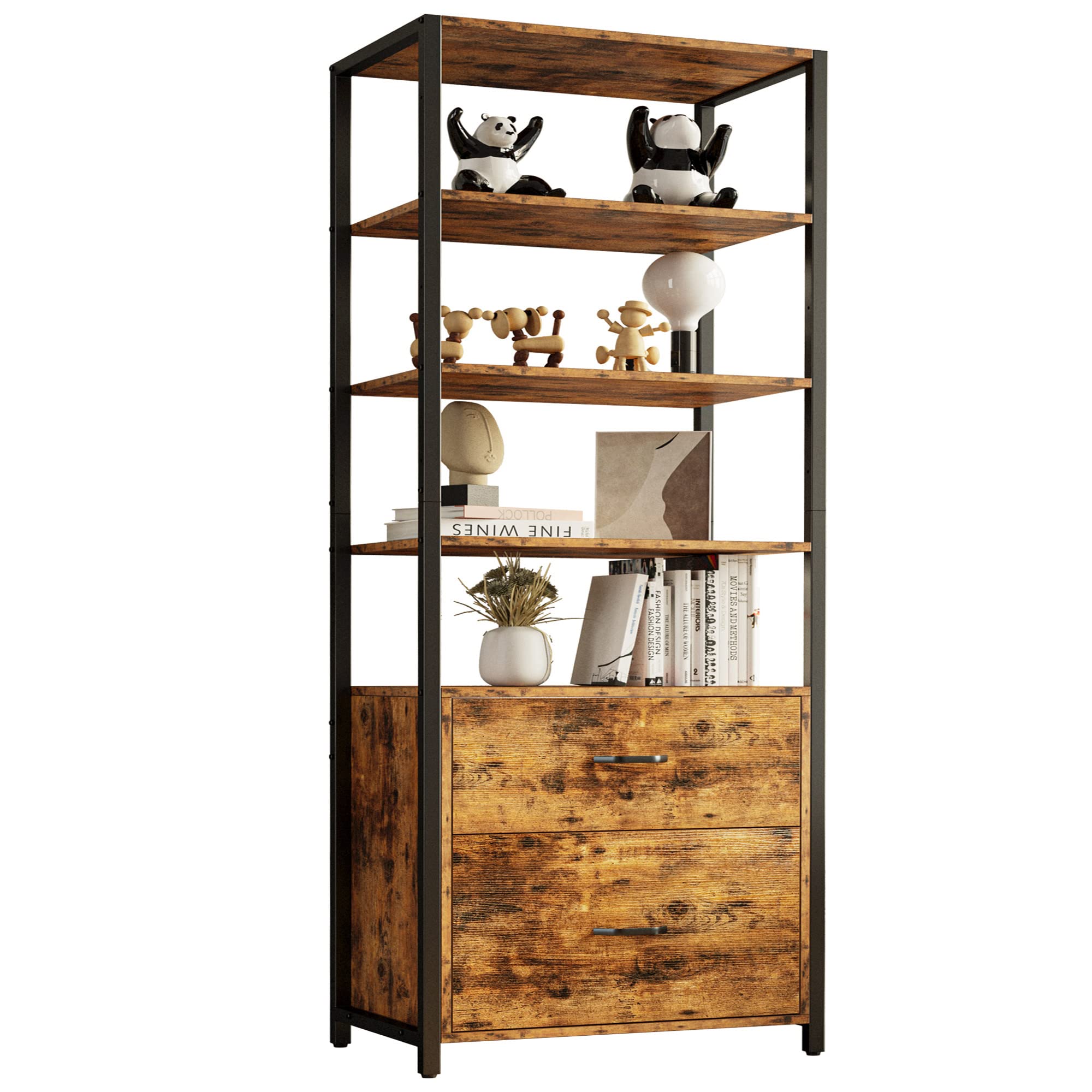 5-Tier Industrial Bookcase with File Cabinet Drawers