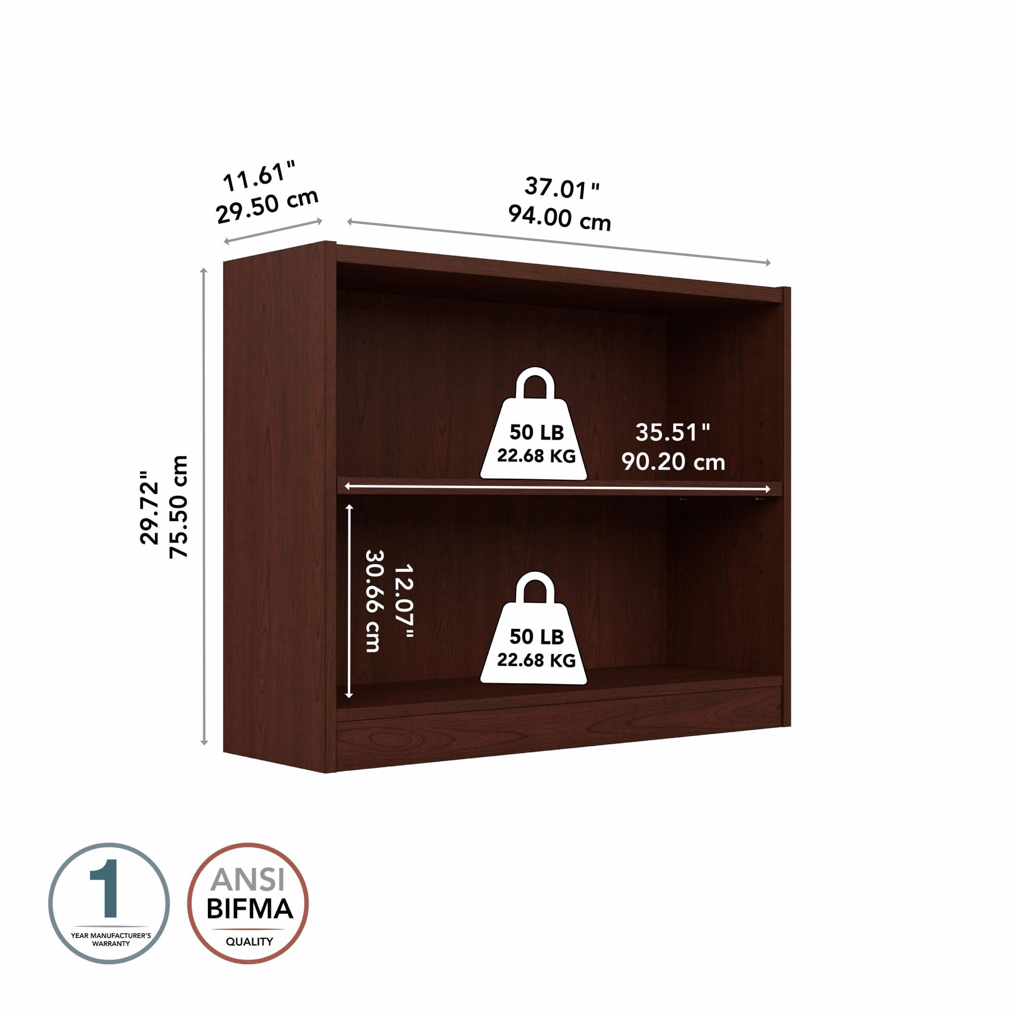 Bush Home Small 2 Shelf Bookcase, 2 Tier Bookshelf Storage Cabinet with Adjustable Shelf for Living Room, Bedroom or Home Office, Universal Collection, Vogue Cherry