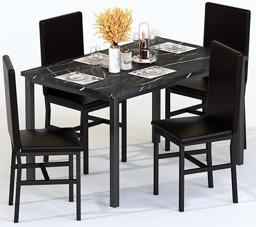 5-Piece Faux Marble Dining Table Set with Velvet Chairs