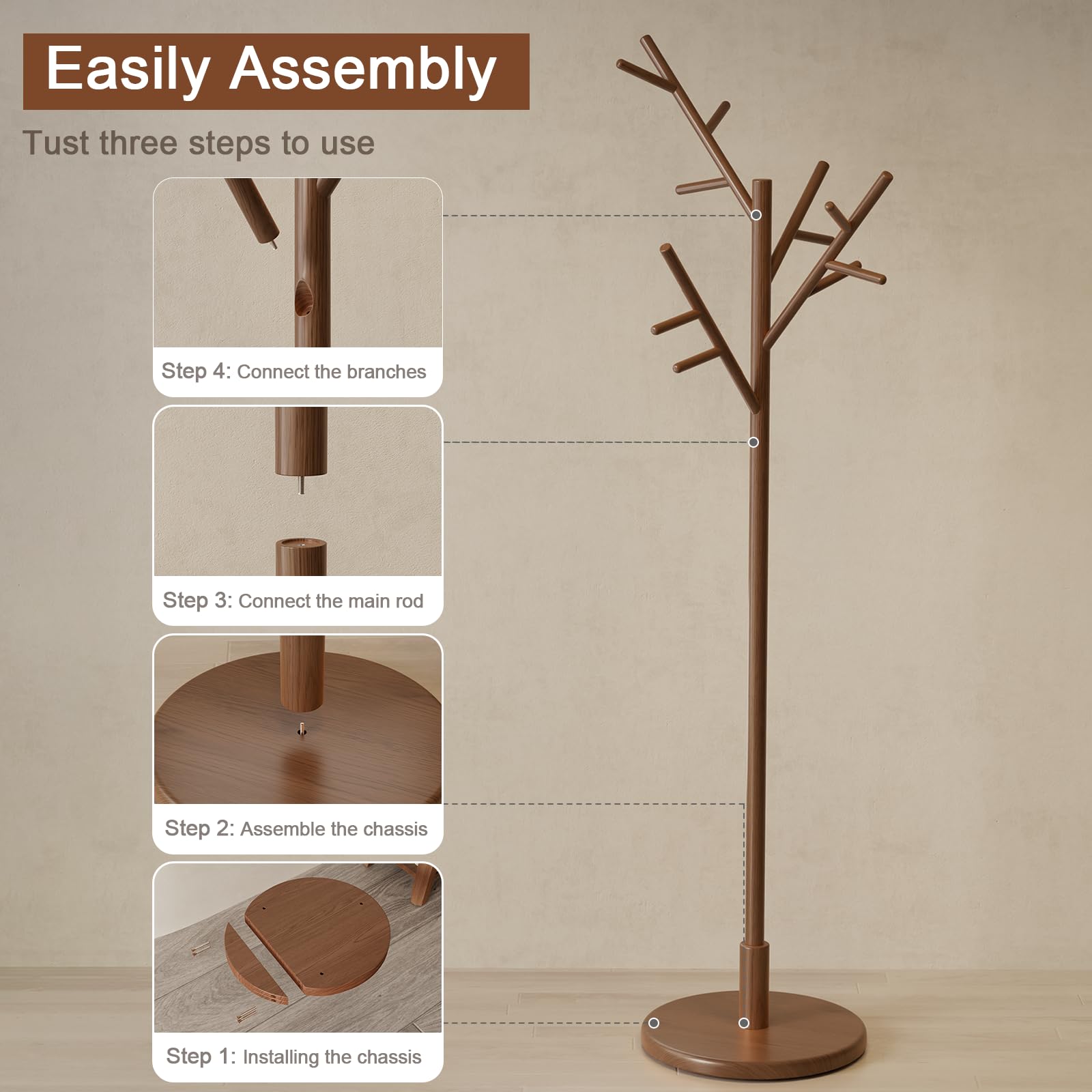 Freestanding Wood Coat Rack with 12 Hooks