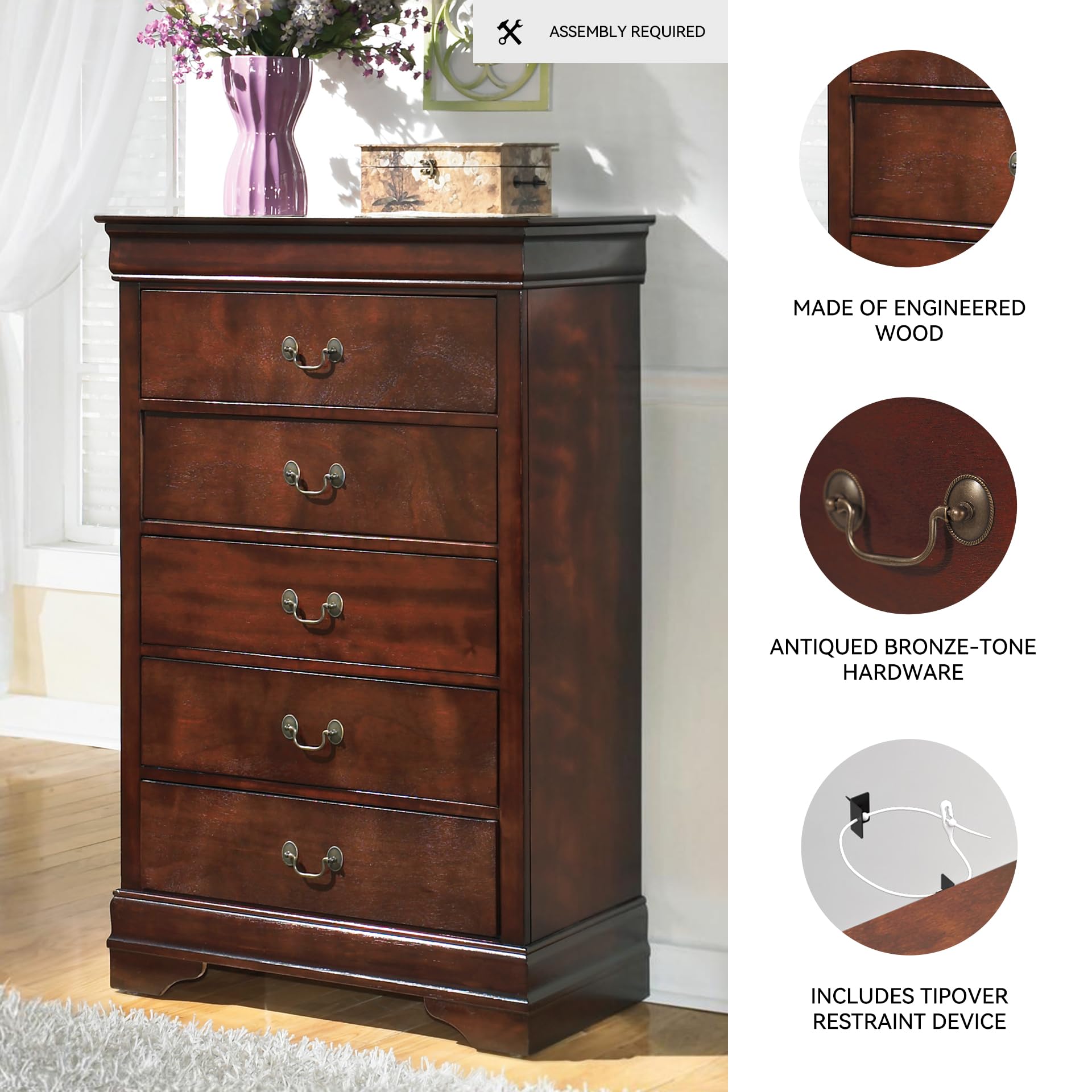 Signature Design by Ashley Alisdair Traditional 5 Drawer Chest of Drawers, Dark Brown