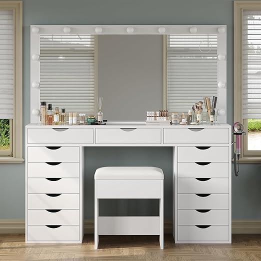 15-Drawer Vanity Desk with LED Mirror & Charging Station